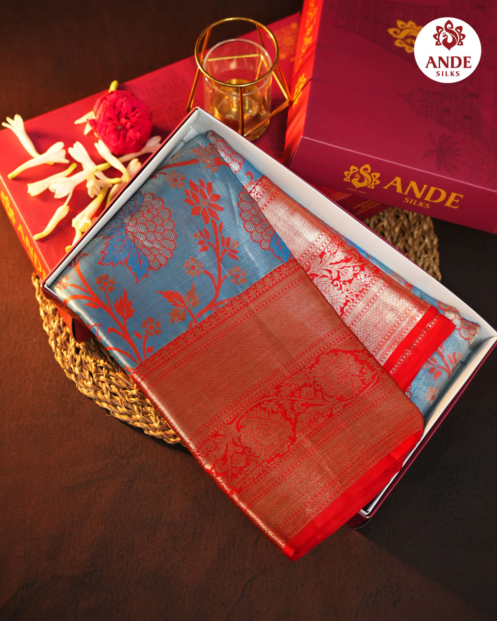 Kanchi Pattu Saree with Rich Zari Border – Blue & Red