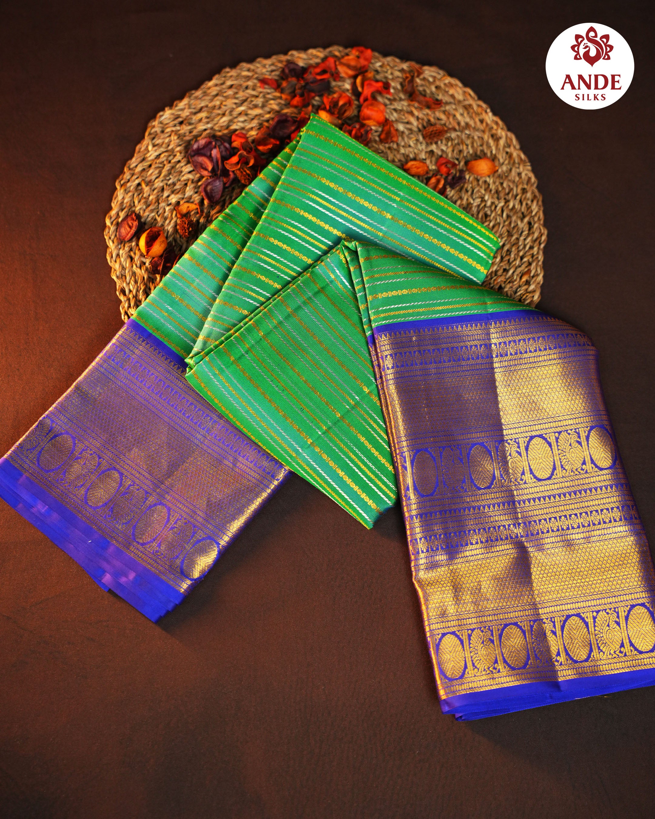 Green & Royal Blue Kanchi Pattu Saree with Rich Zari Border