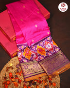 Pink Ikkat Kanchi Border Pattu Saree with Traditional Zari Border