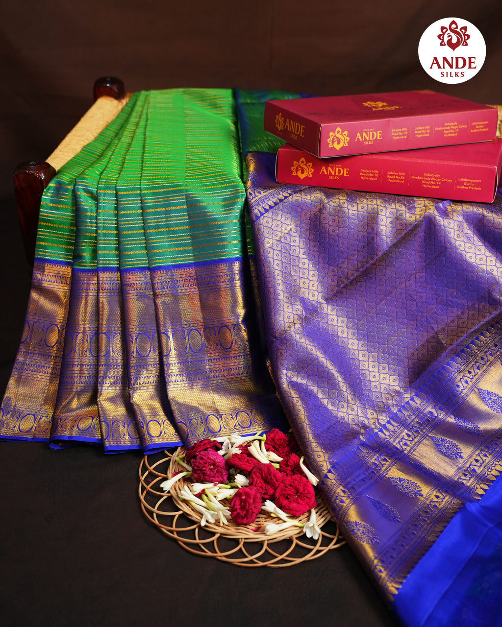Green & Royal Blue Kanchi Pattu Saree with Rich Zari Border