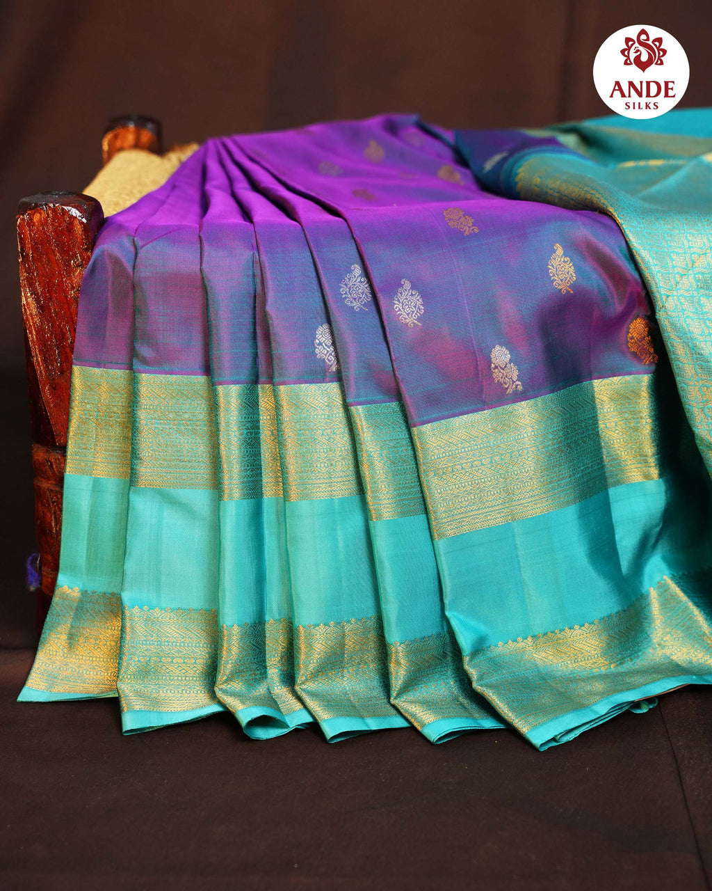 Purple Kanchipuram Vintage Saree with Aqua Zari Border