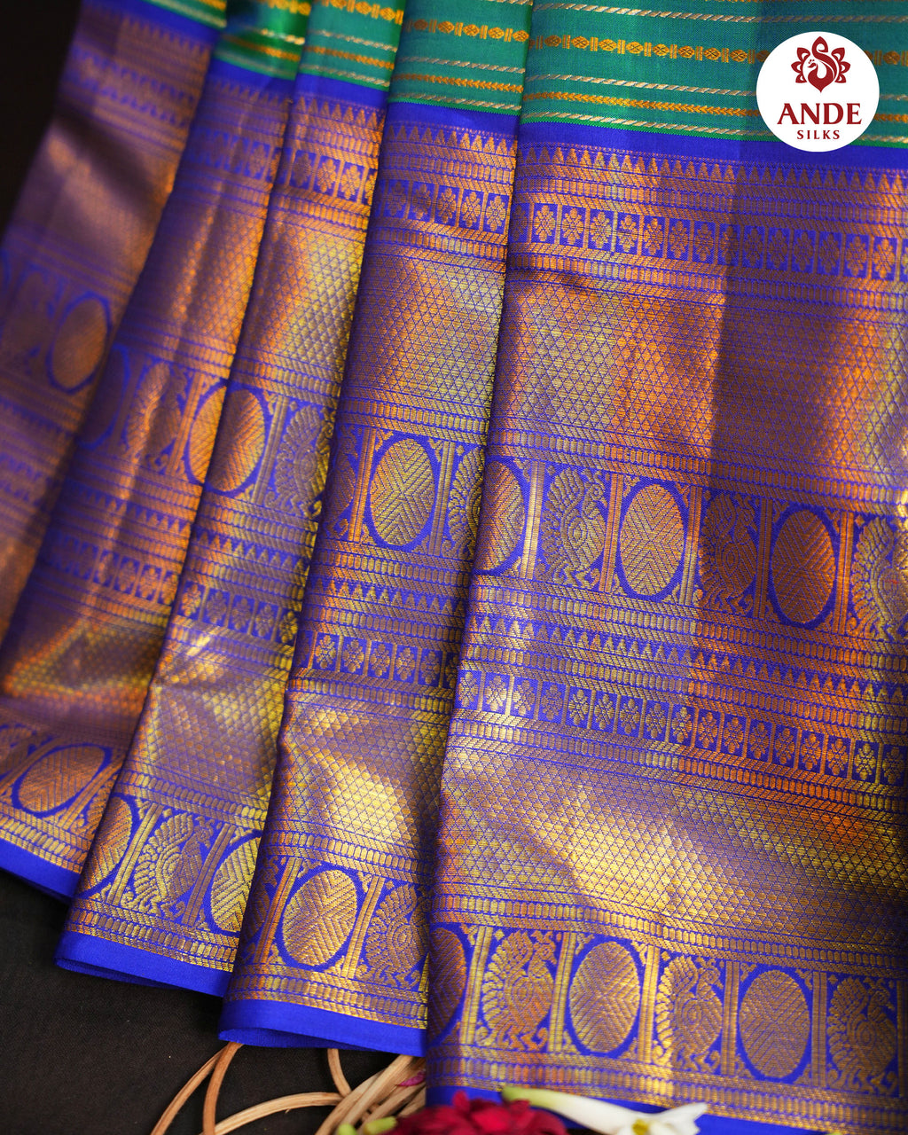 Green & Royal Blue Kanchi Pattu Saree with Rich Zari Border