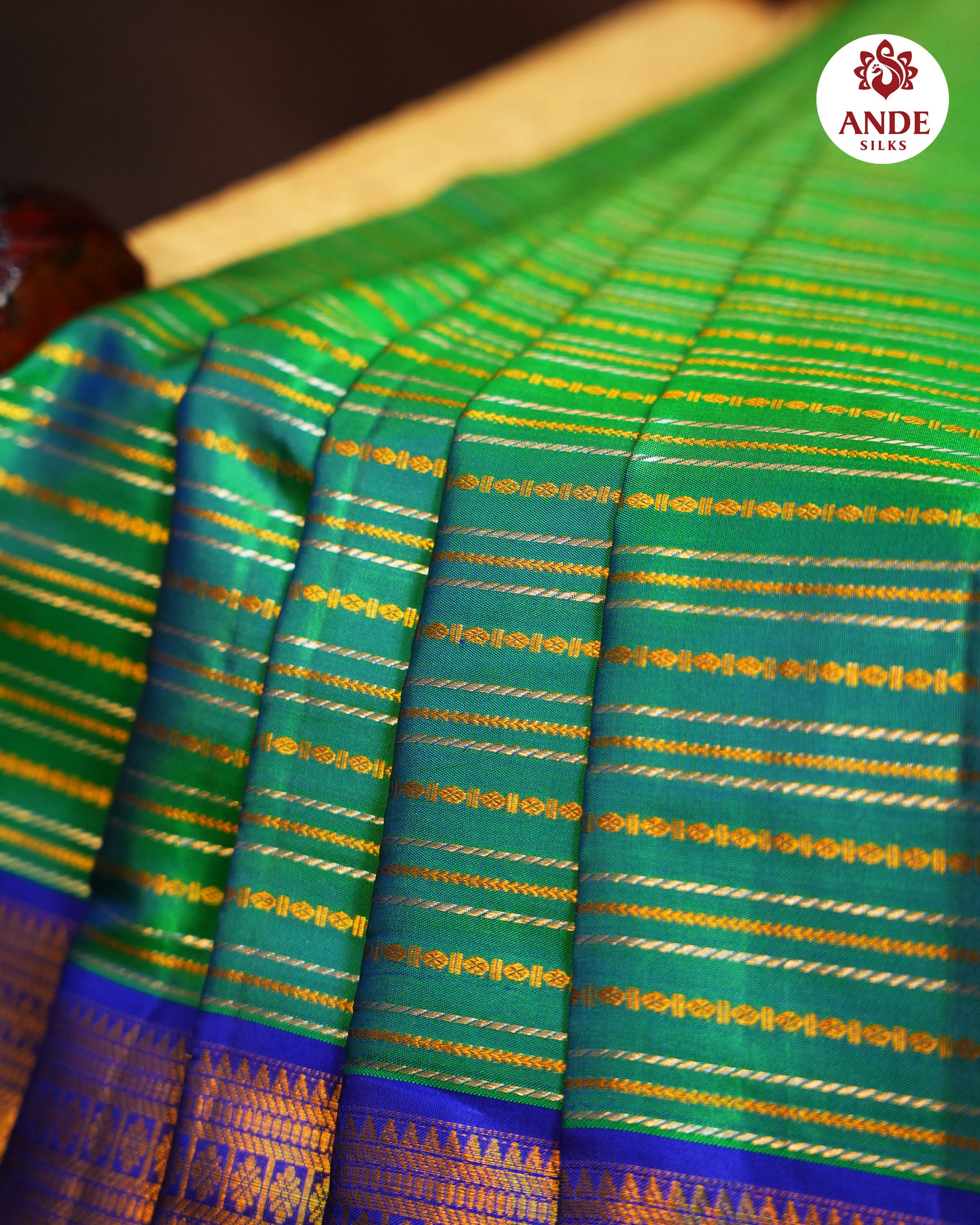 Green & Royal Blue Kanchi Pattu Saree with Rich Zari Border