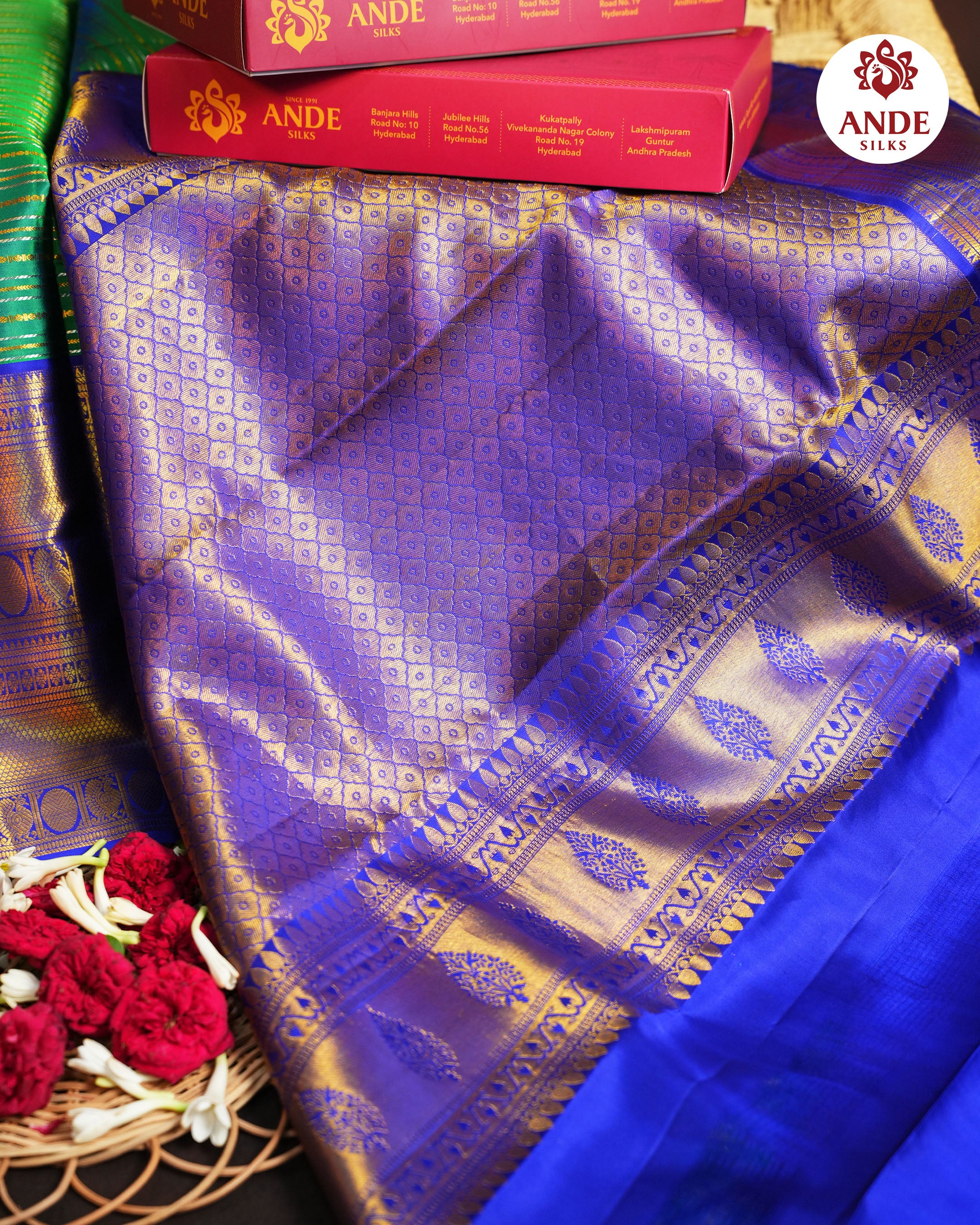 Green & Royal Blue Kanchi Pattu Saree with Rich Zari Border