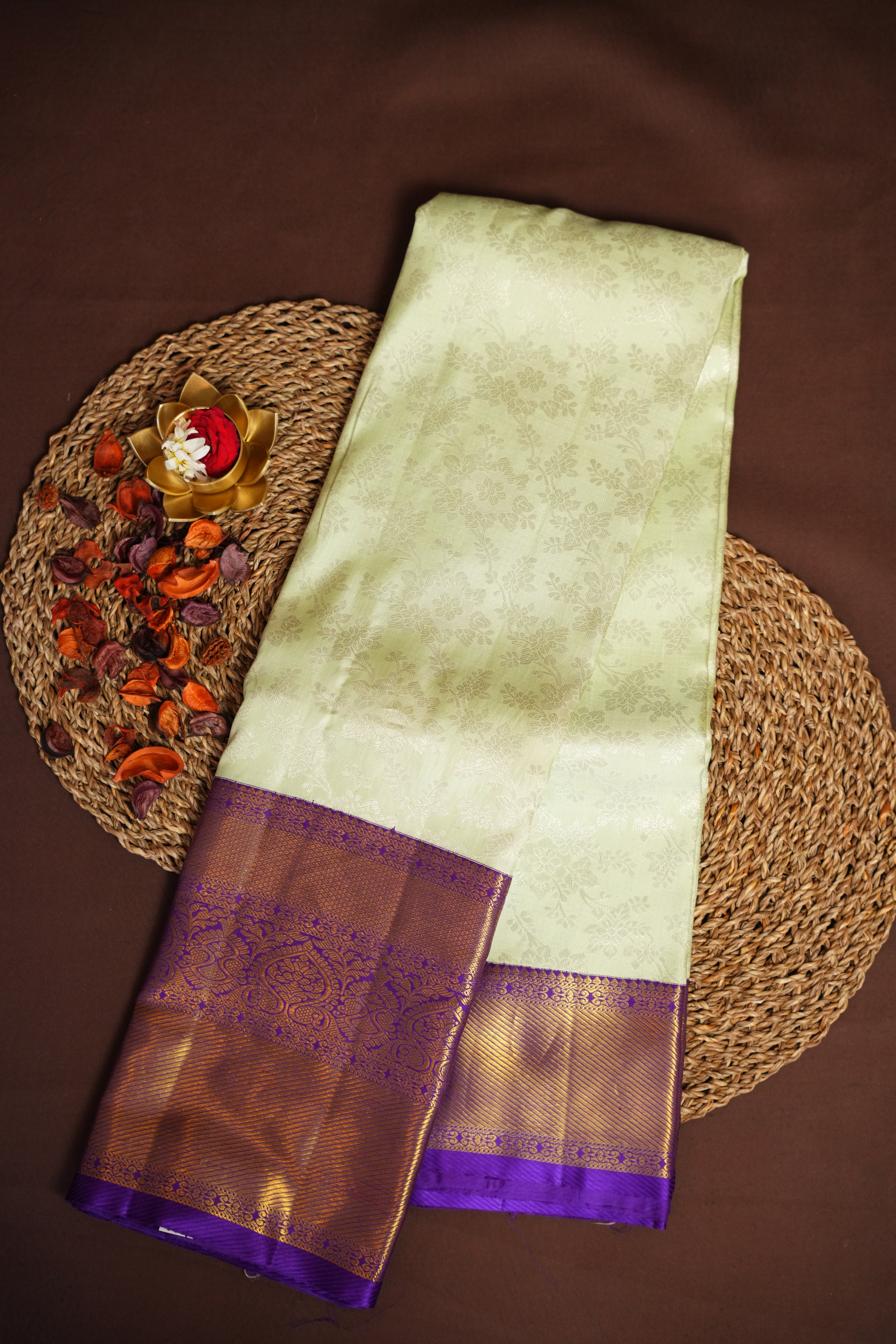 Kanchi Pattu Saree Bridal Collection – Pastel Green & Purple Zari