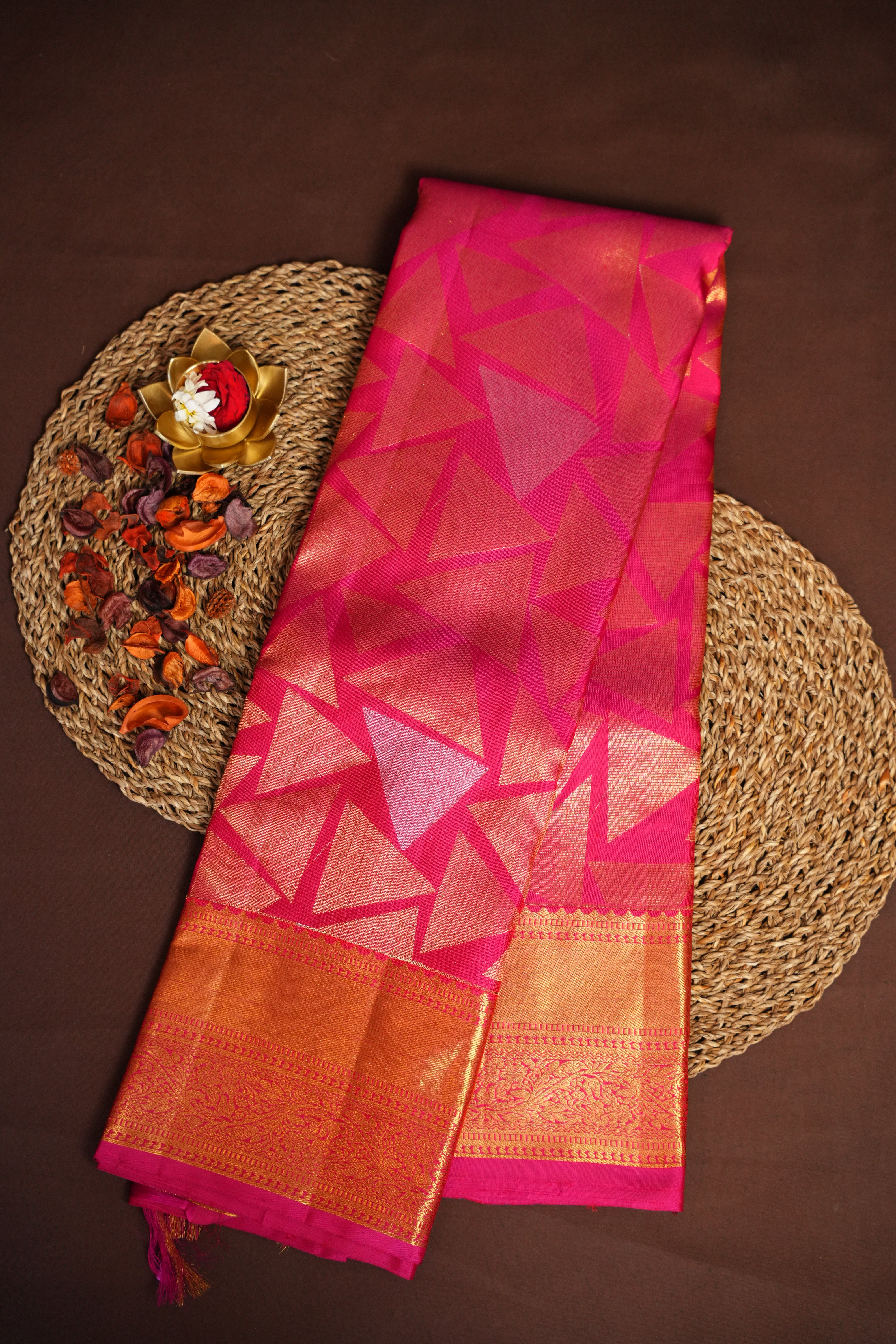 Fusion Kanchi Pattu Saree Bridal Pink Gold Geometric | Ande Silks