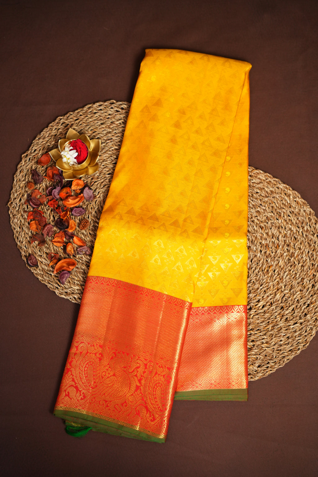 Kanchi Pattu Saree Bridal Collection Yellow Red Zari | Ande Silks