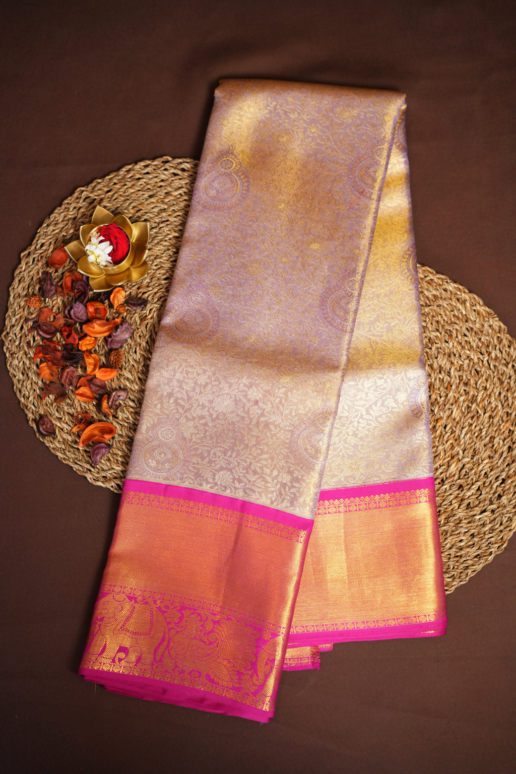 Kanchi Pattu Saree Bridal Collection Gold Pink Zari | Ande Silks