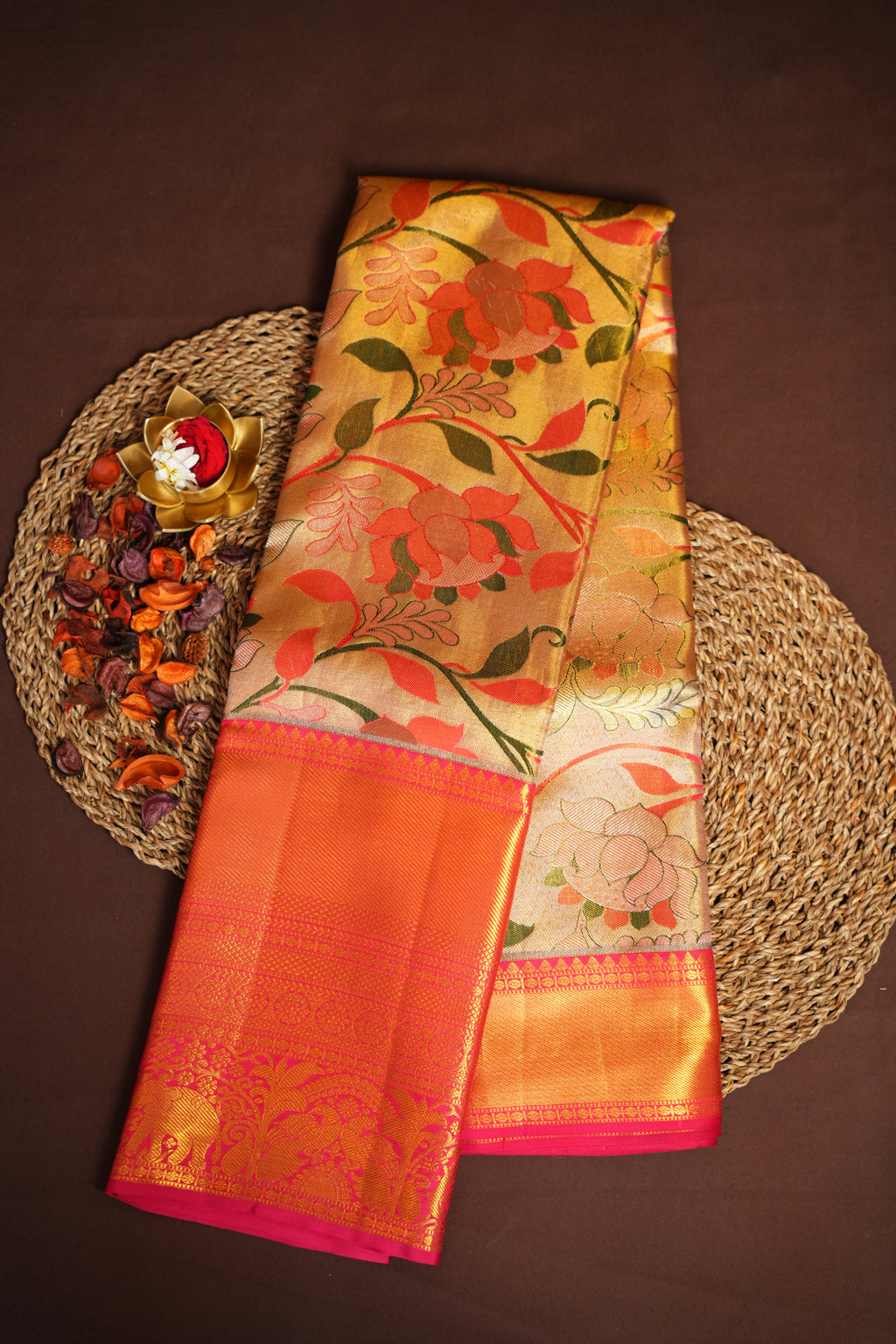 Kanchi Pattu Saree Bridal Collection Gold Floral Zari | Ande Silks