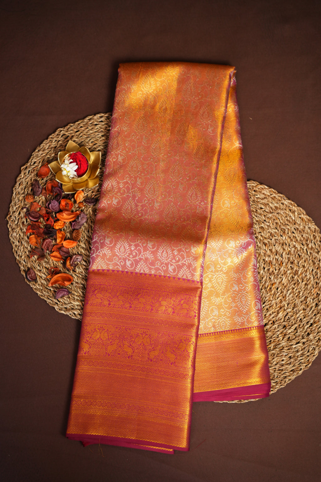 Kanchi Pattu Saree Bridal Collection Peach Pink Zari | Ande Silks