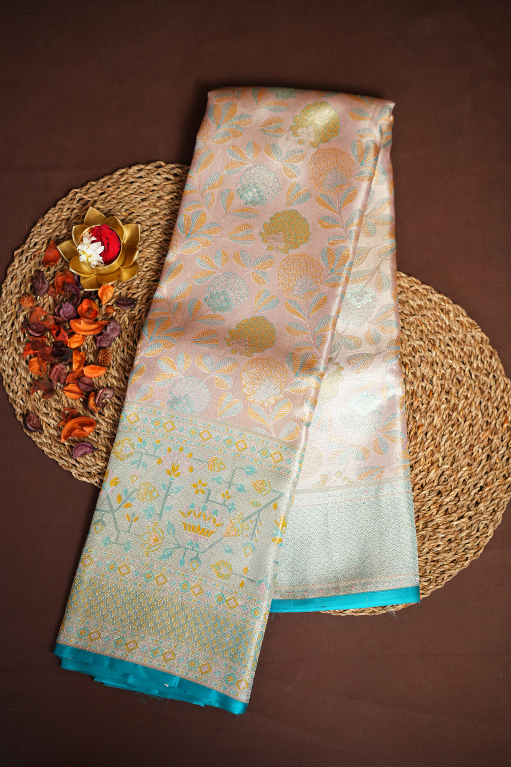 Kanchi Pattu Saree Bridal Collection Pastel Peach Blue | Ande Silks