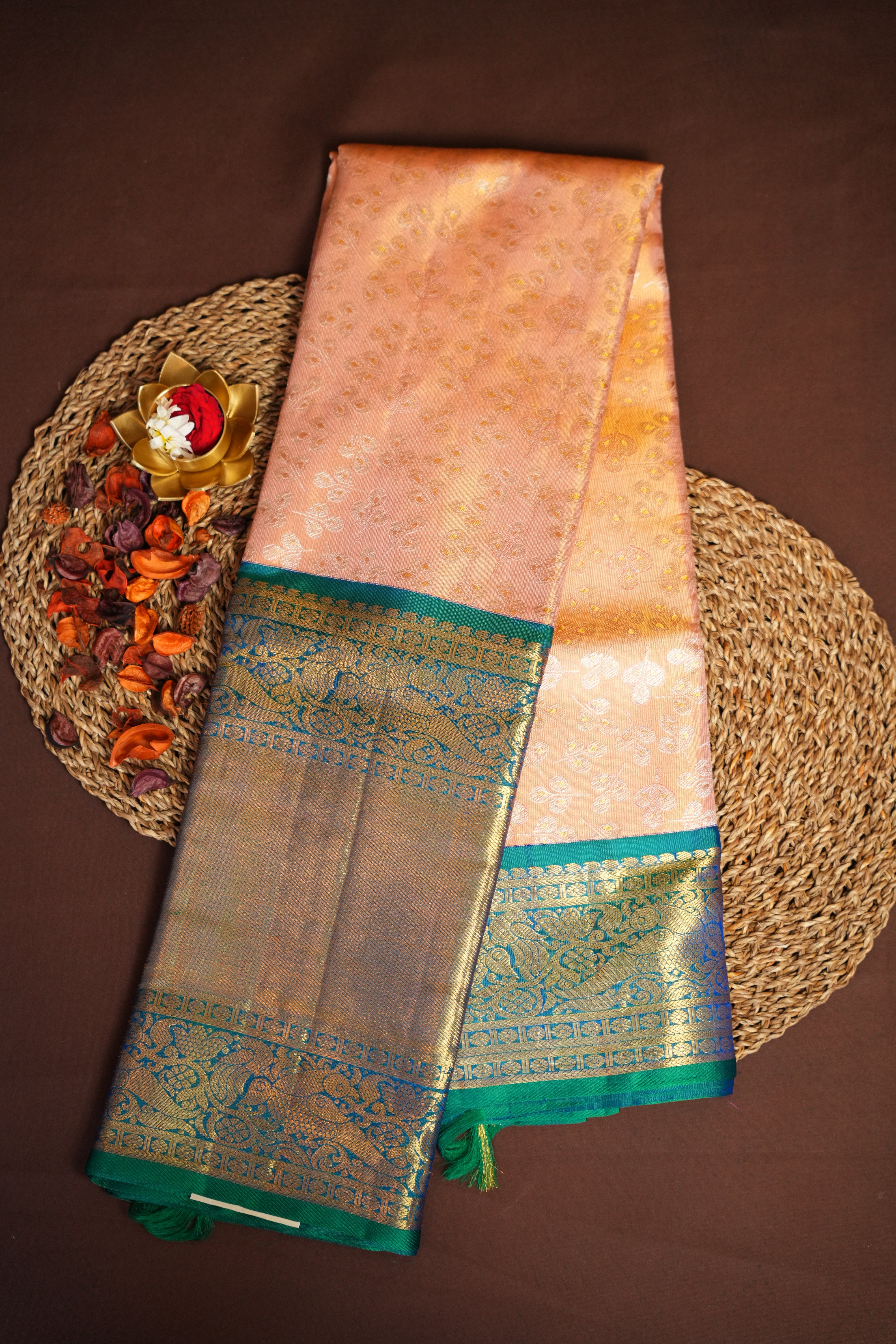 Kanchi Pattu Saree Bridal Collection Peach Green Zari | Ande Silks