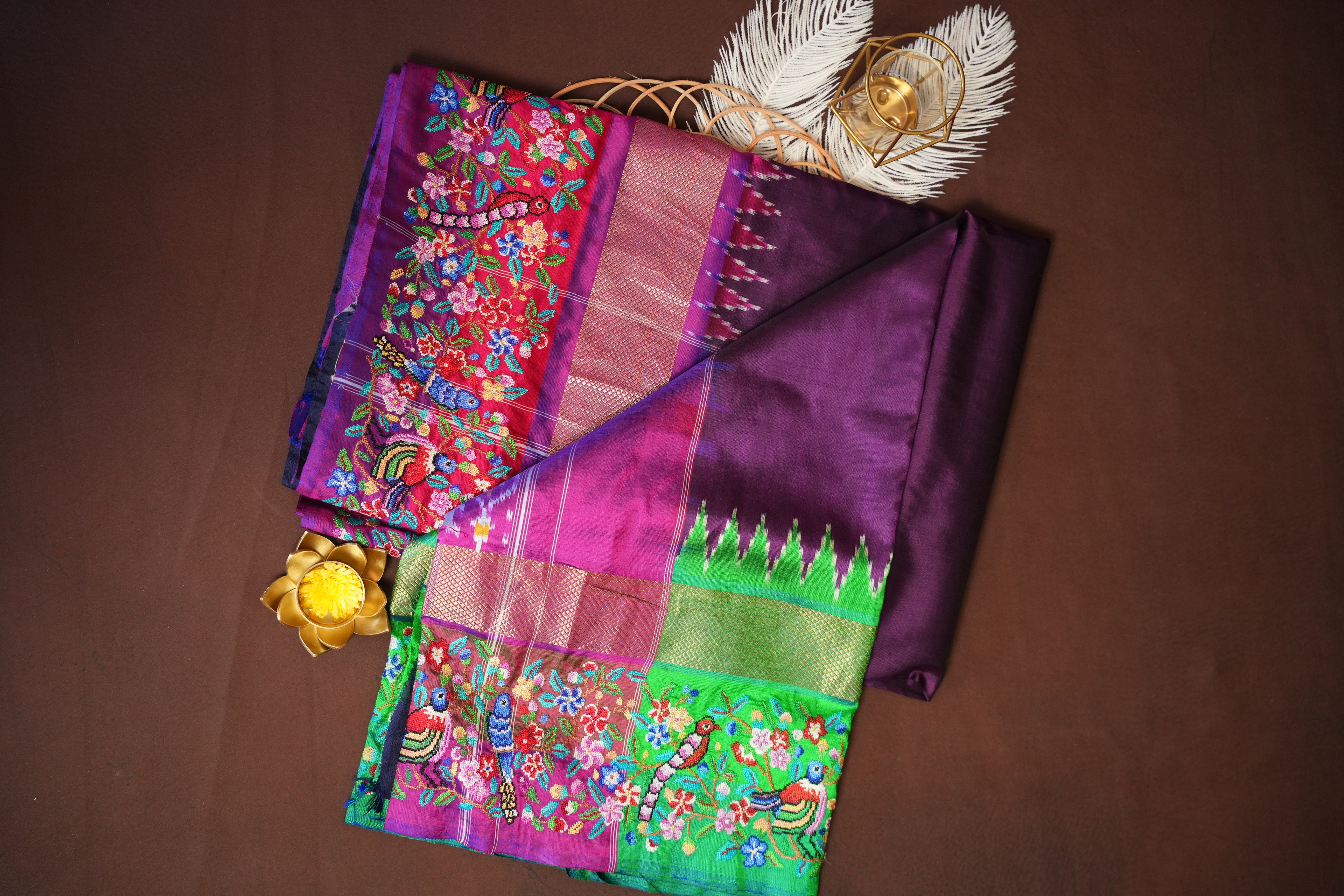 IKKAT Work Designer Saree with Floral & Bird Motifs | Ande Silks