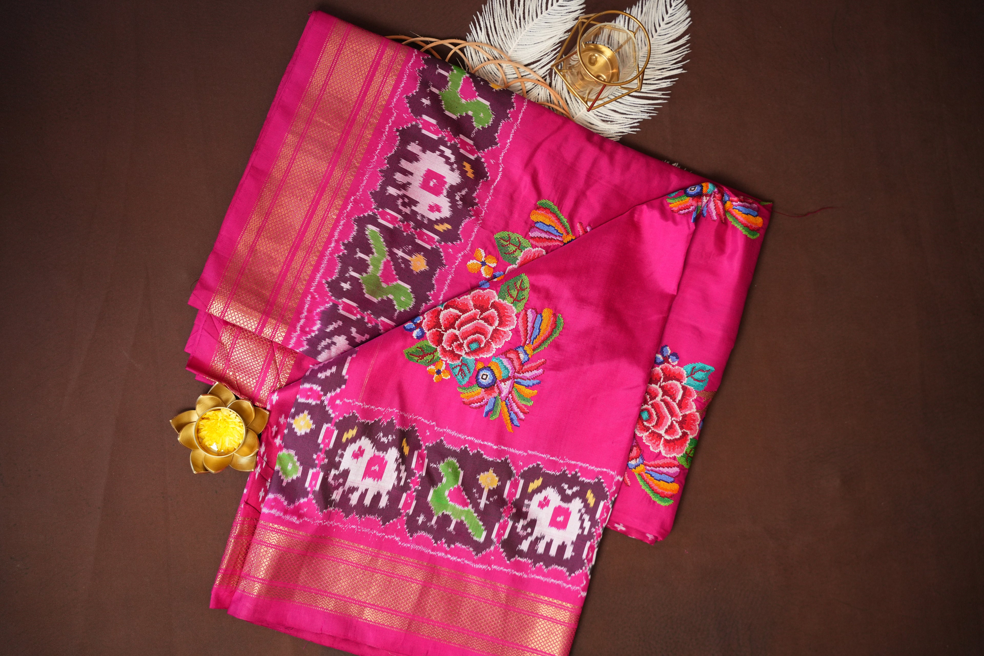 IKKAT Work Designer Saree with Elephant & Floral Motifs | Ande Silks