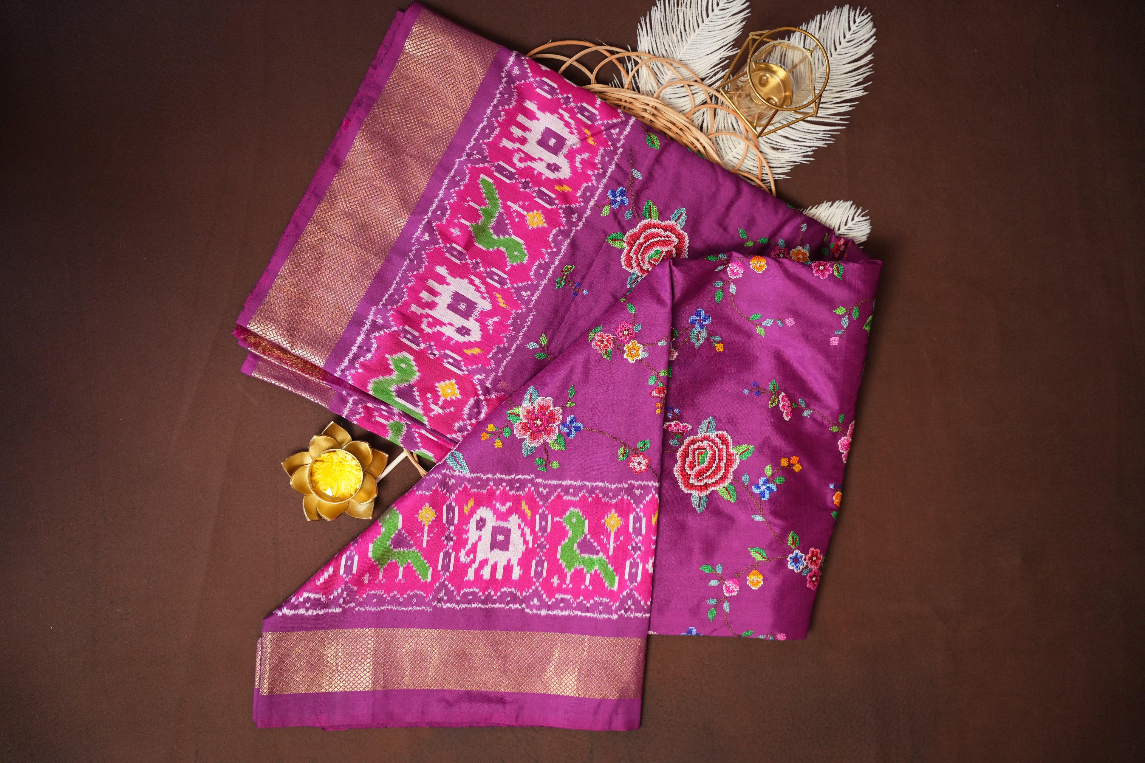 IKKAT Work Designer Saree with Elephant & Floral Weaving | Ande Silks