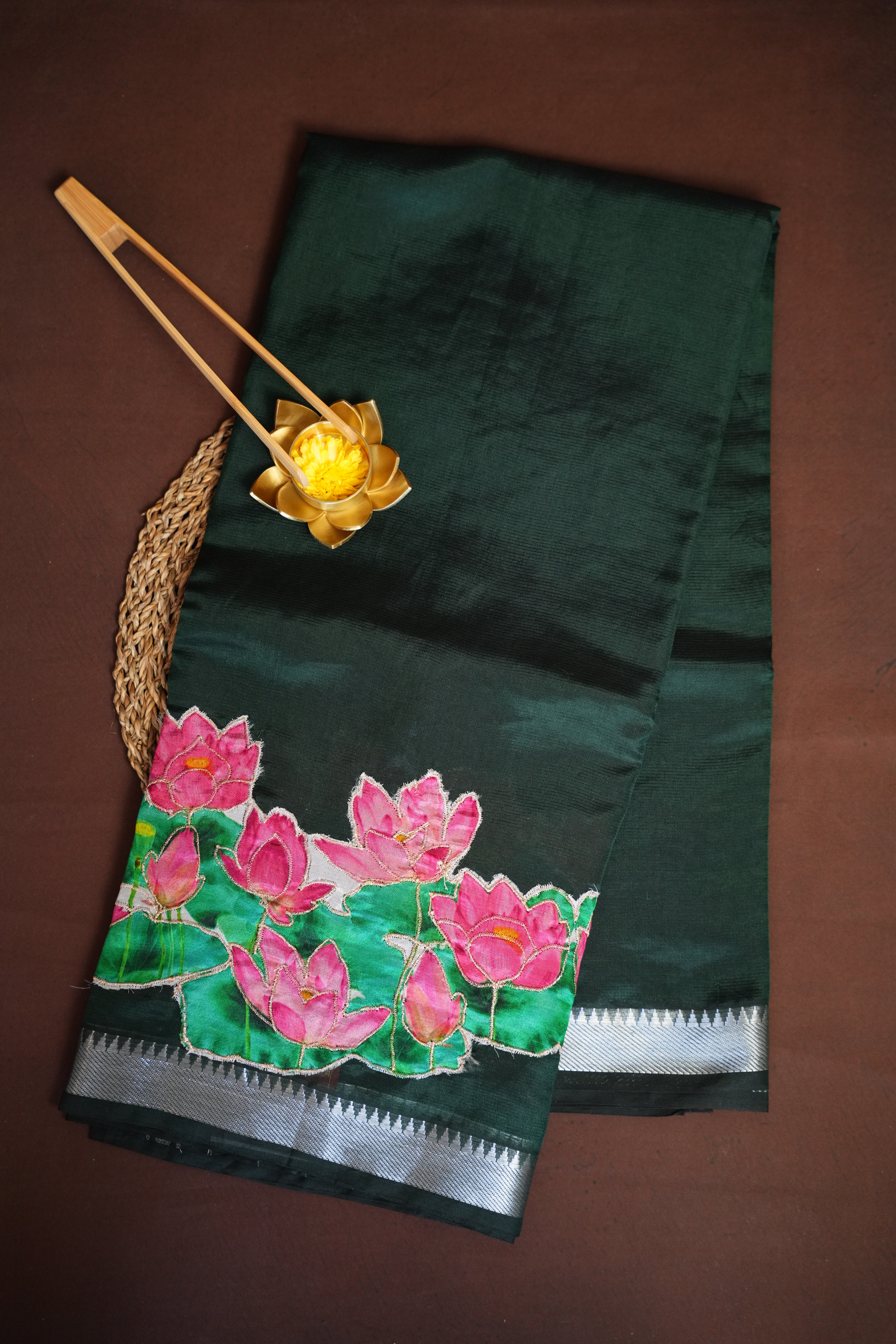 Mangalagiri Applique Work Saree Lotus Design | Ande Silks