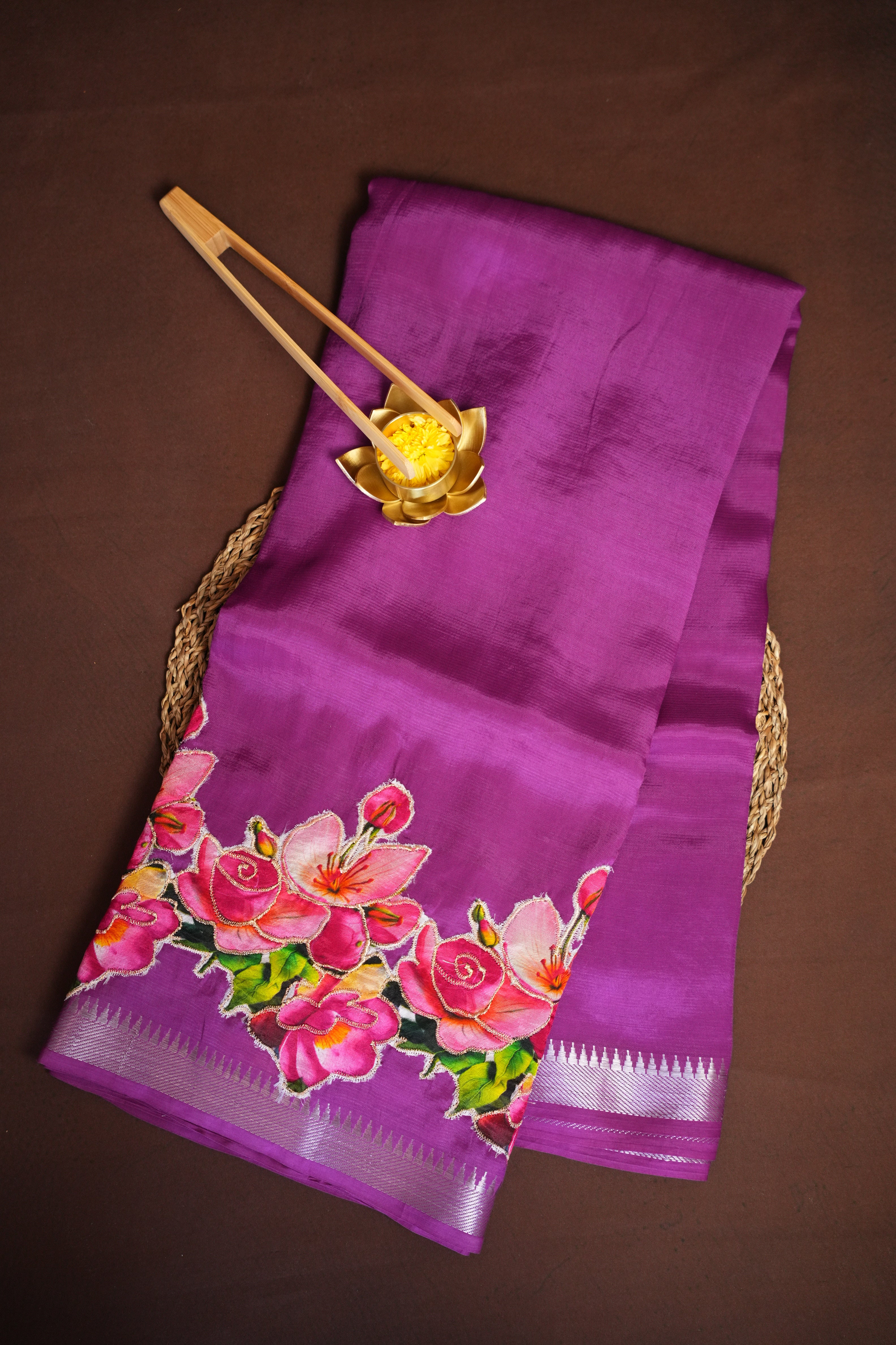 Mangalagiri Applique Work Saree Pink Floral | Ande Silks