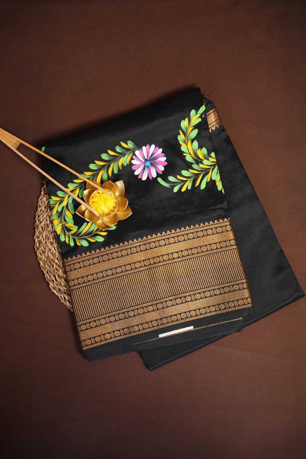 Black Mangalagiri Brush Painted Saree with Zari Border | Ande Silks