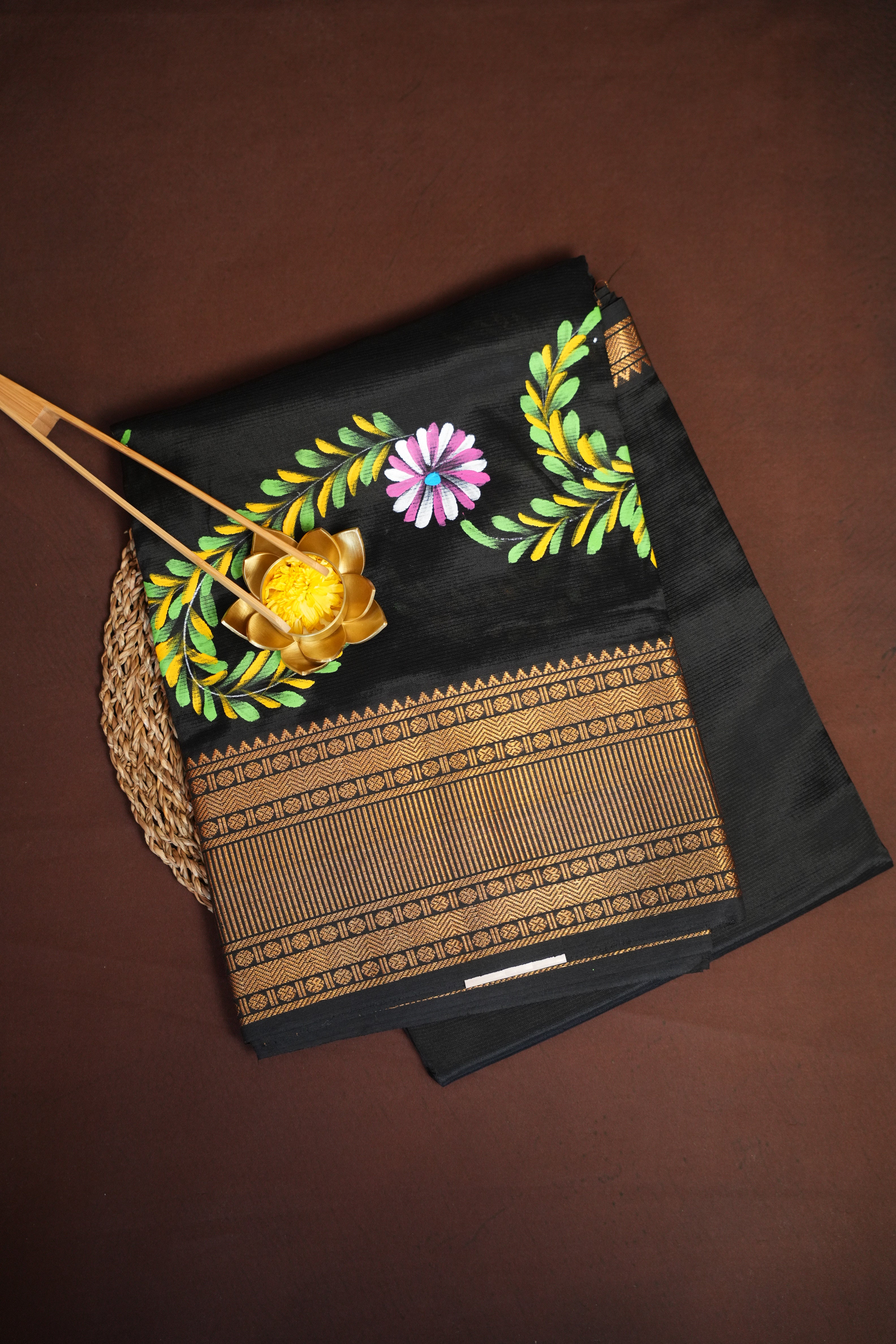 Black Mangalagiri Brush Painted Saree with Zari Border | Ande Silks