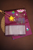 Magenta Mangalagiri Brush Painted Saree with Zari Border | Ande Silks