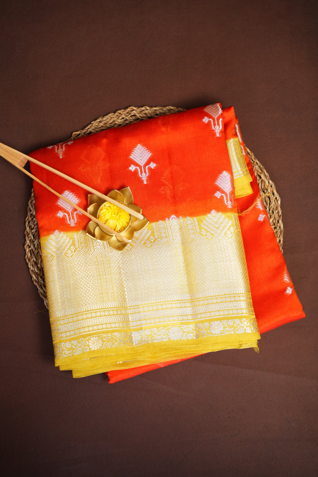 Orange Benaras Contrast Border Saree with Gold Zari | Ande Silks