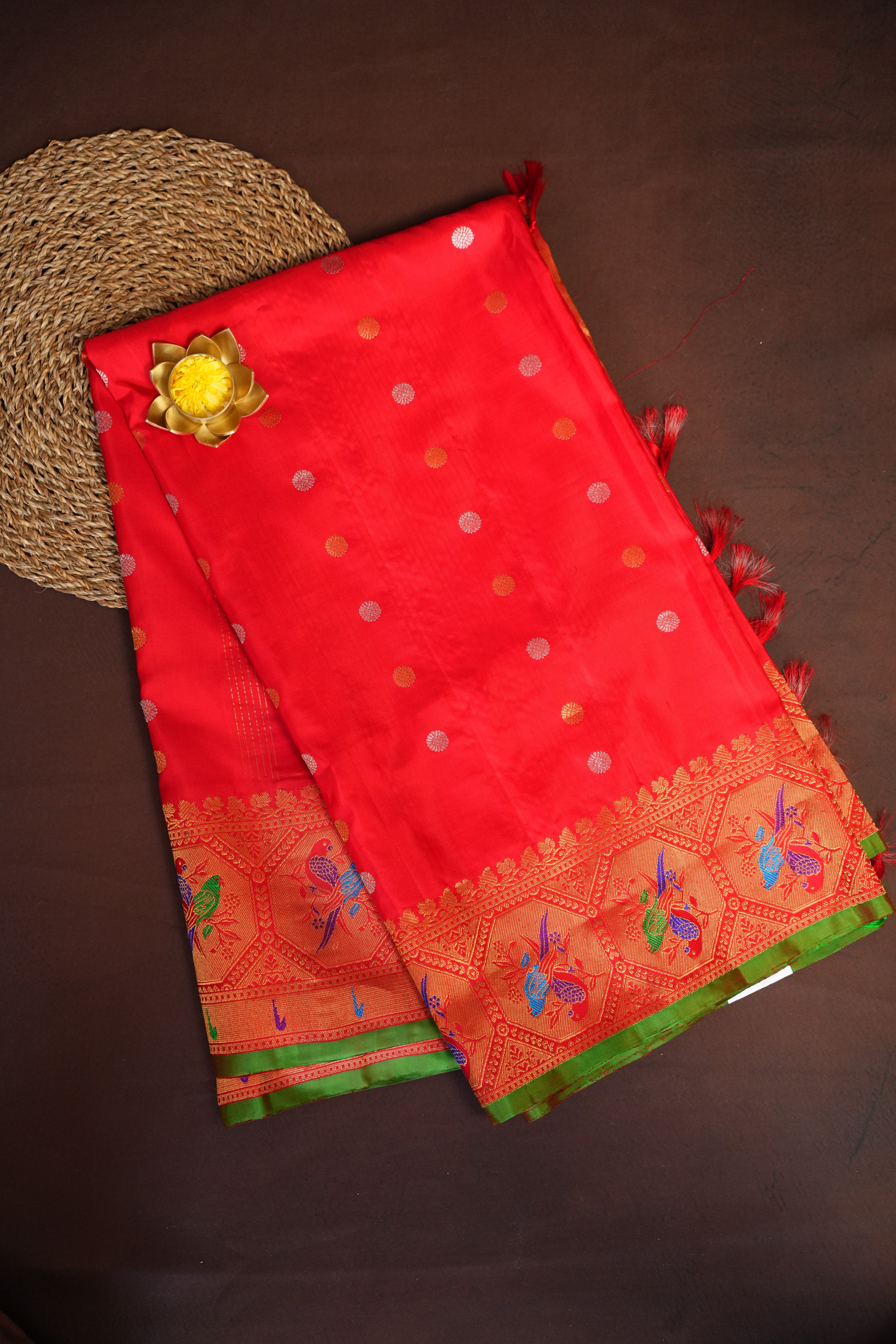 Red Gadwal Designer Meena Border Saree with Tissue Pallu | Ande Silks