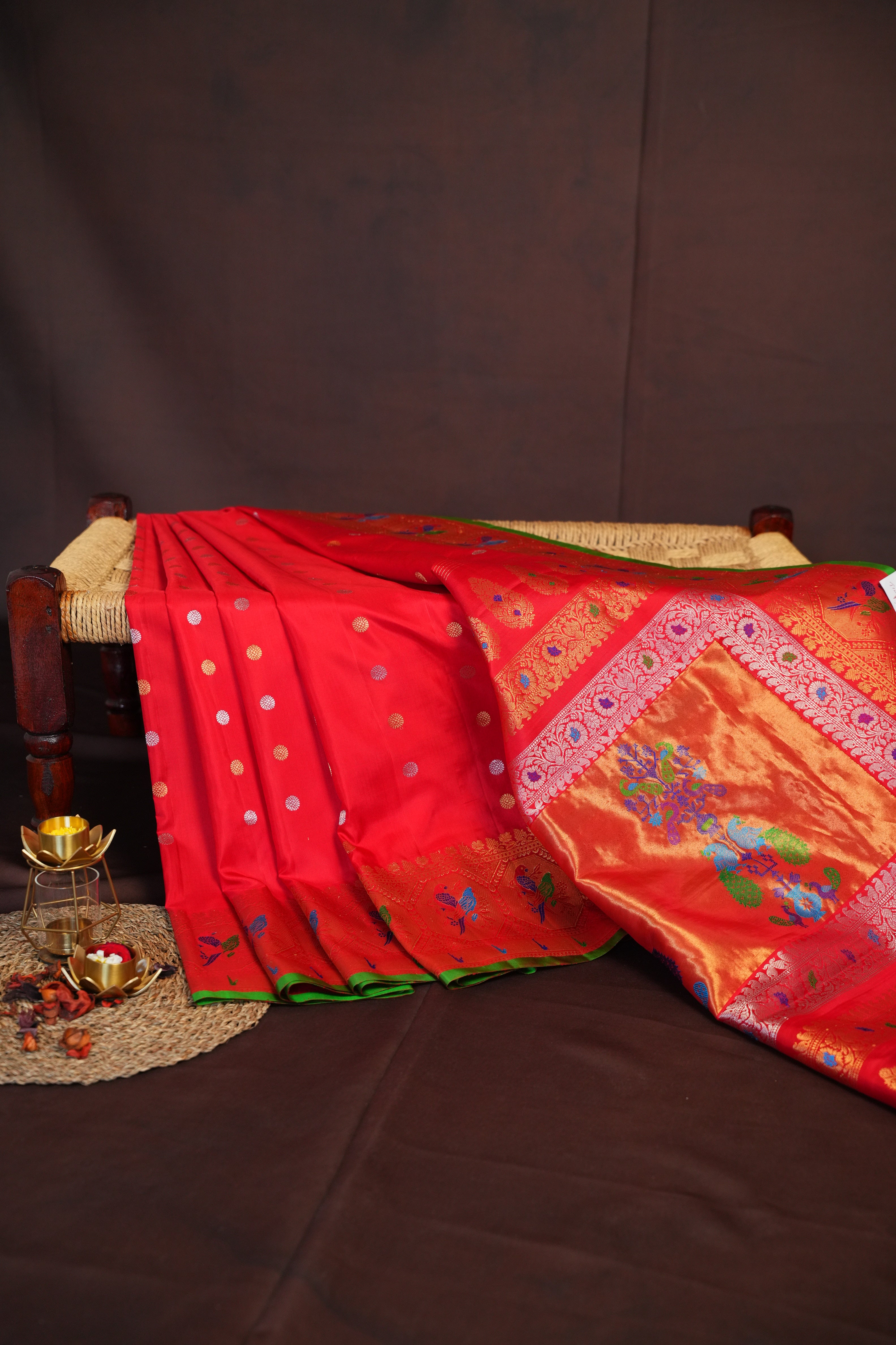 Red Gadwal Designer Meena Border Saree with Tissue Pallu | Ande Silks
