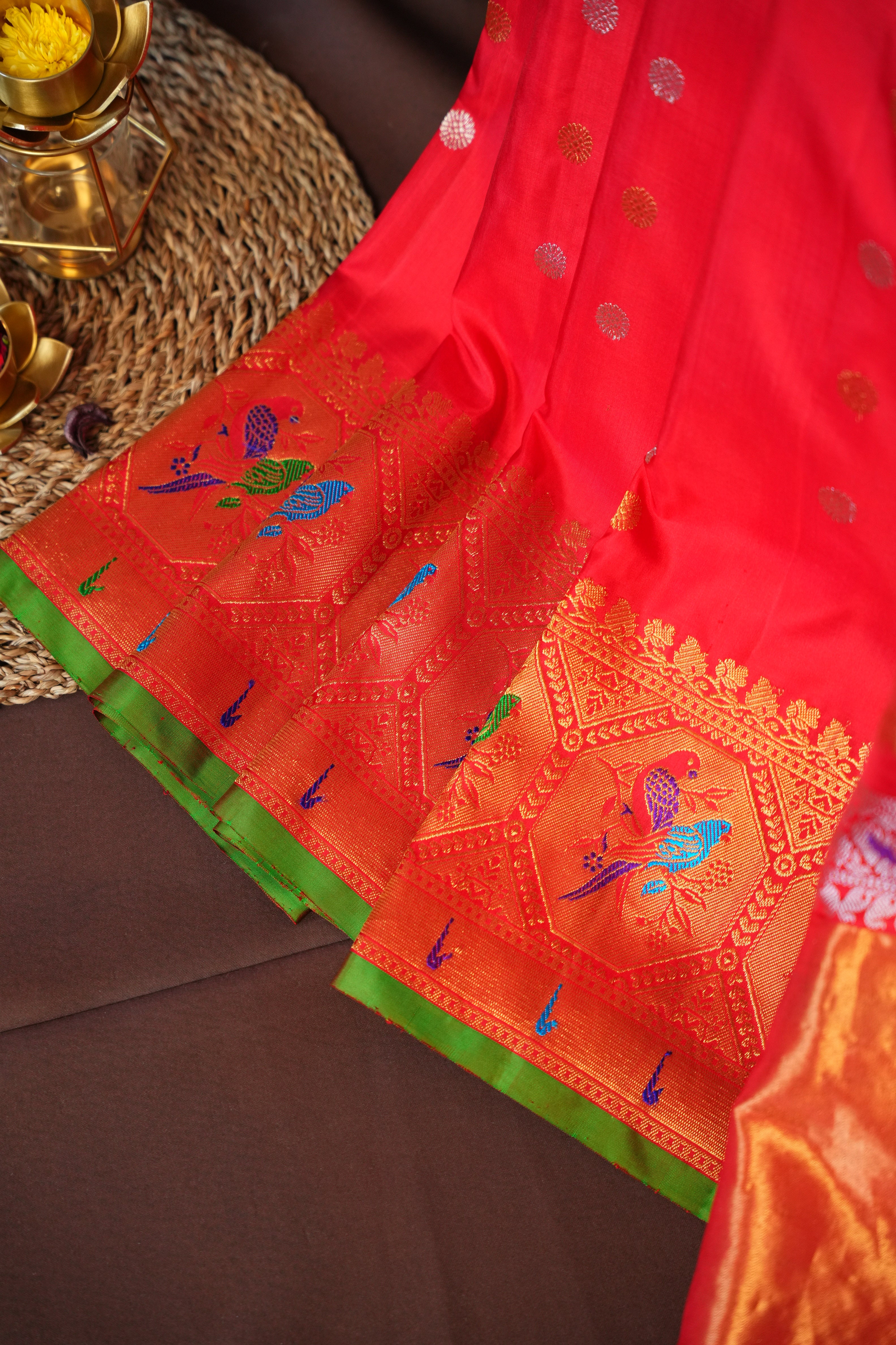 Red Gadwal Designer Meena Border Saree with Tissue Pallu | Ande Silks