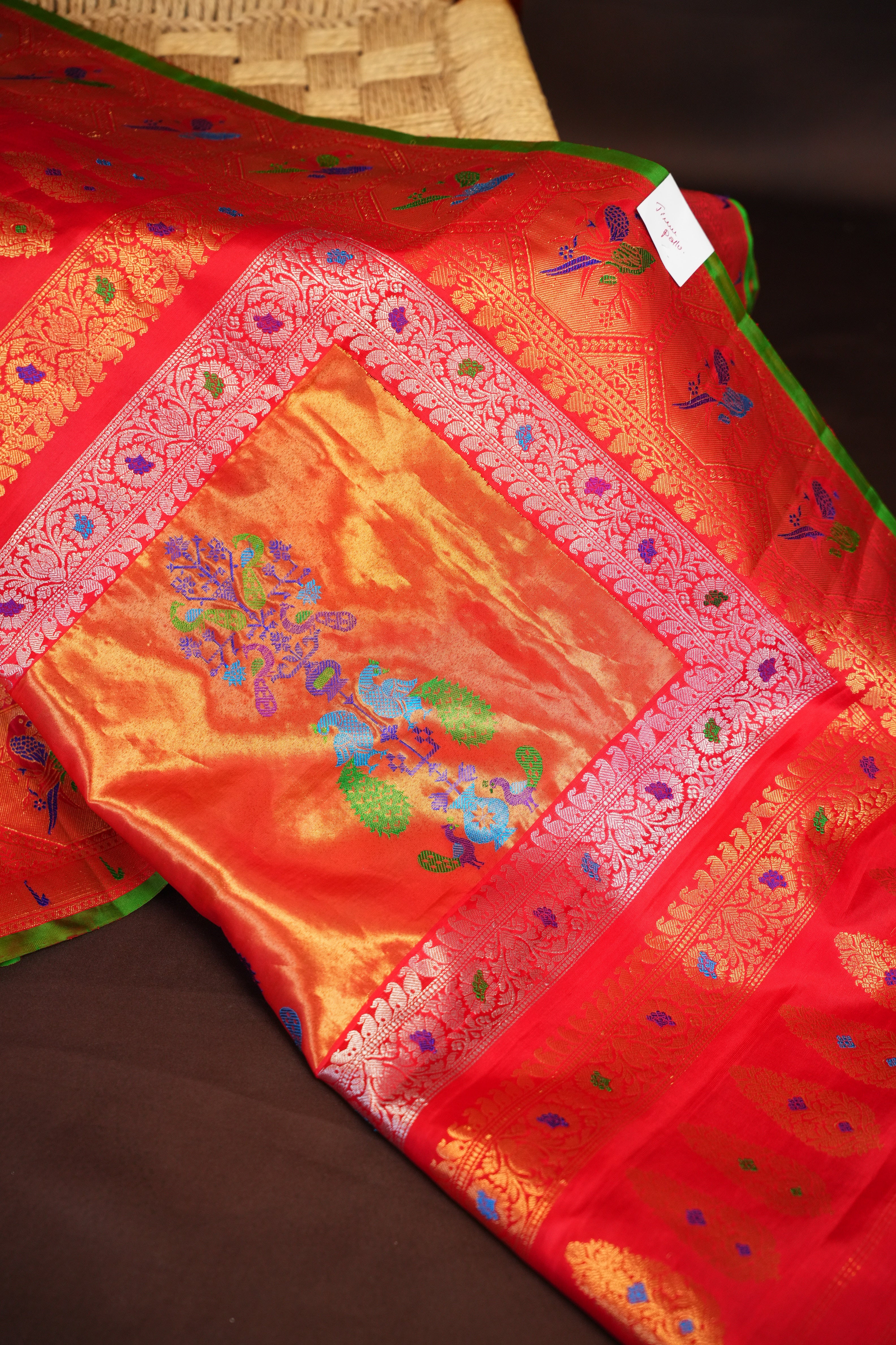 Red Gadwal Designer Meena Border Saree with Tissue Pallu | Ande Silks