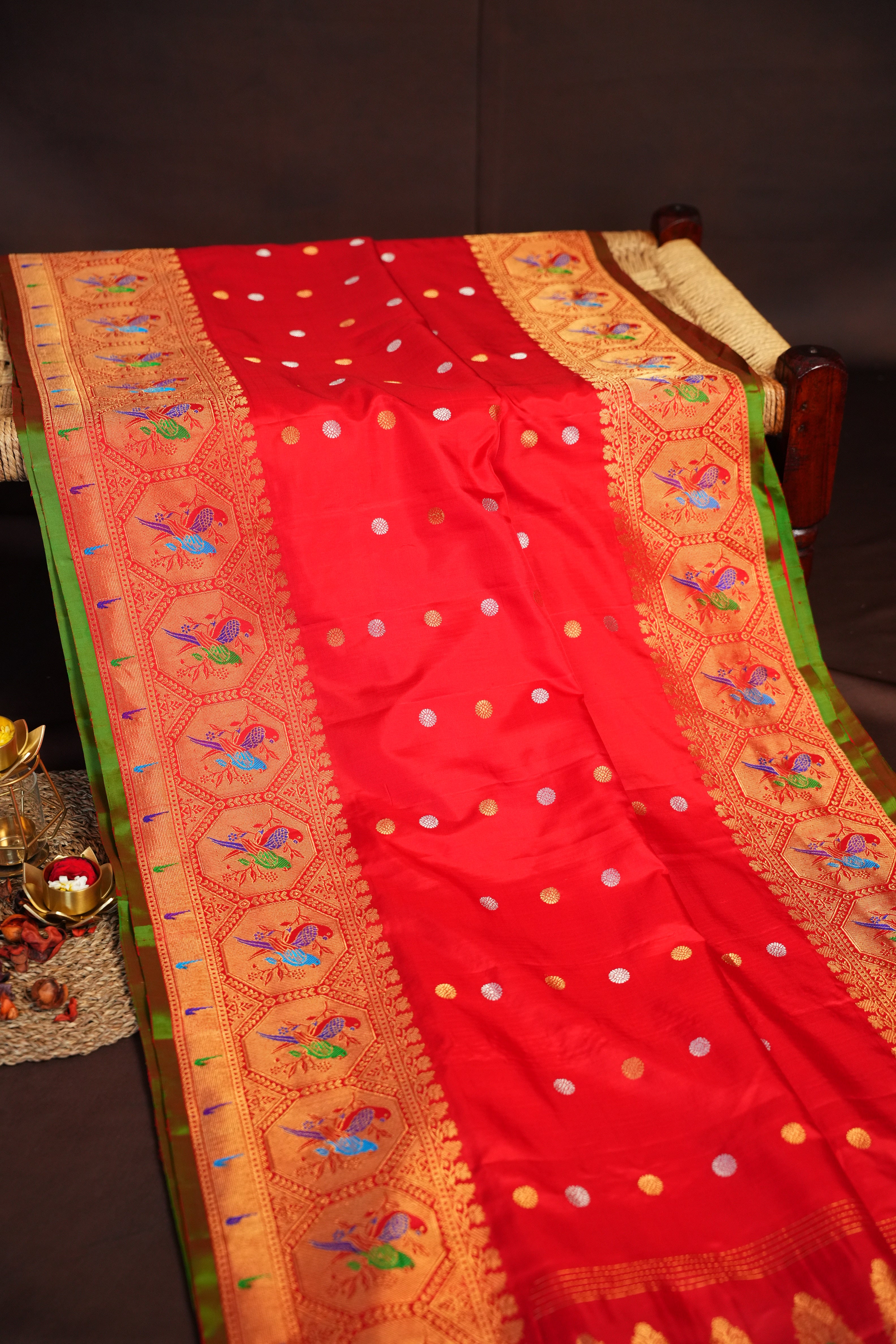 Red Gadwal Designer Meena Border Saree with Tissue Pallu | Ande Silks
