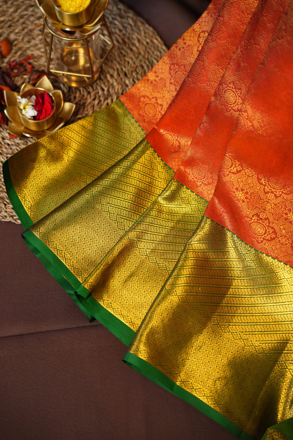 Kanchi Pattu Saree Bridal Collection Orange Green Zari | Ande Silks