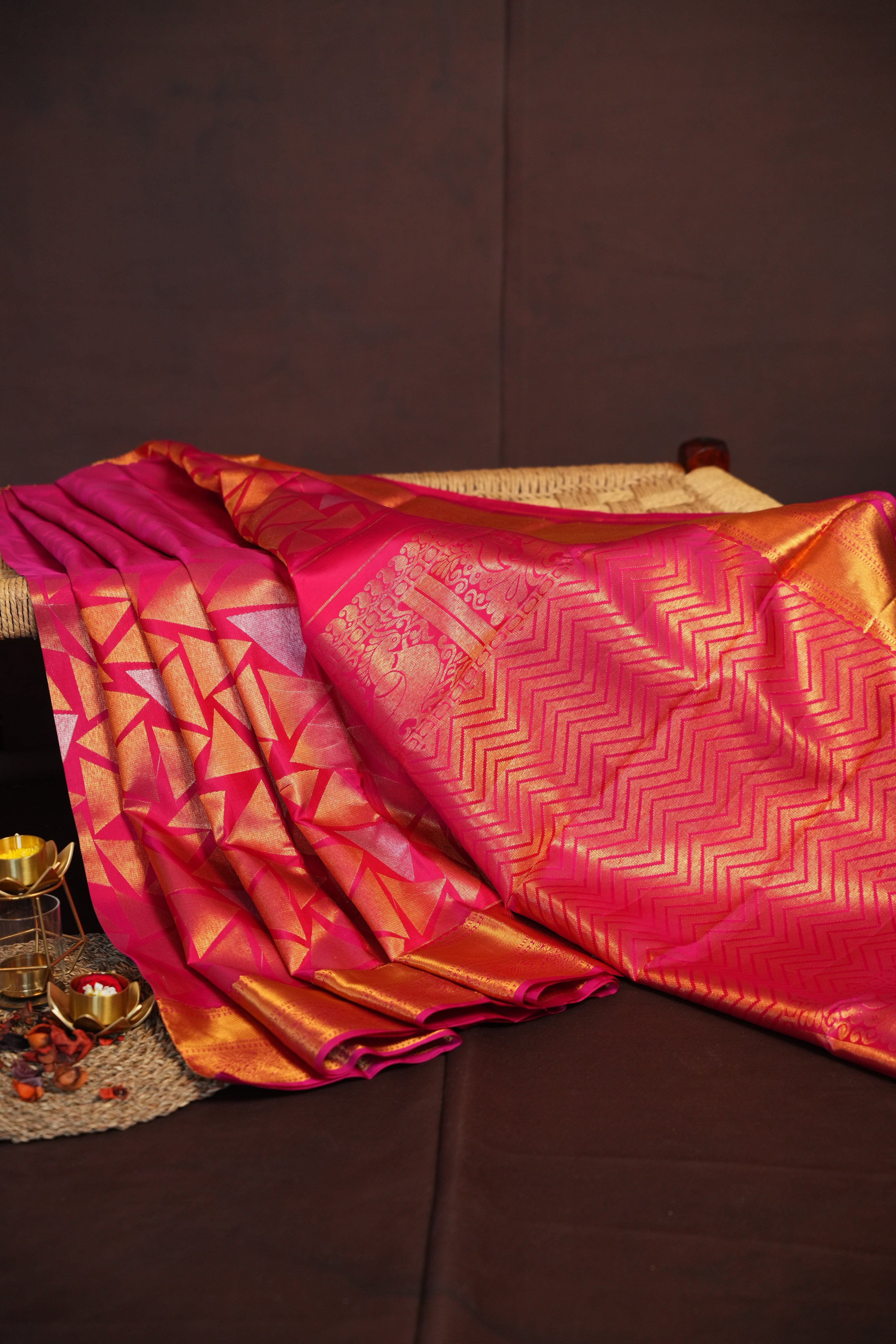 Fusion Kanchi Pattu Saree Bridal Pink Gold Geometric | Ande Silks