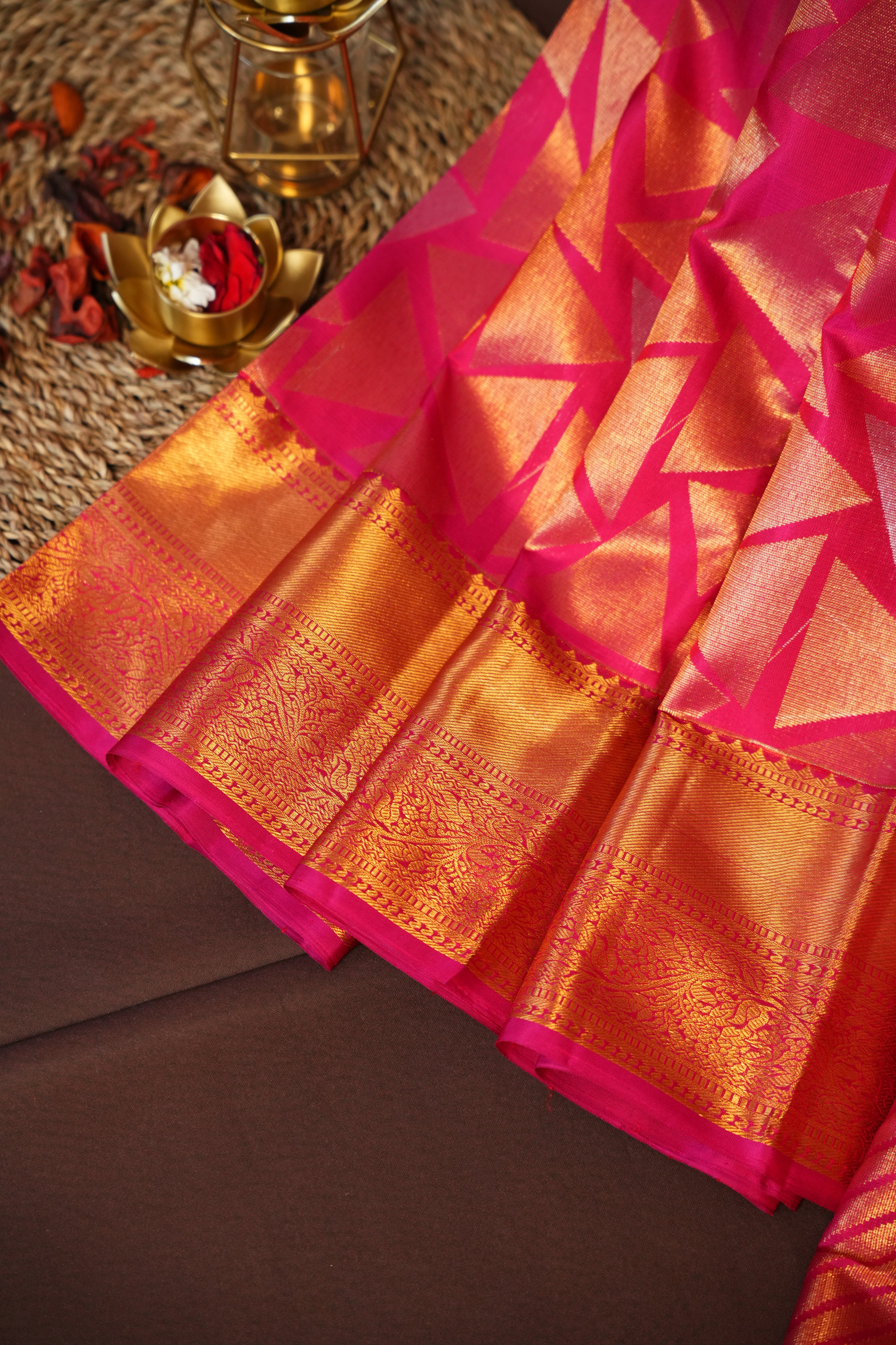 Fusion Kanchi Pattu Saree Bridal Pink Gold Geometric | Ande Silks