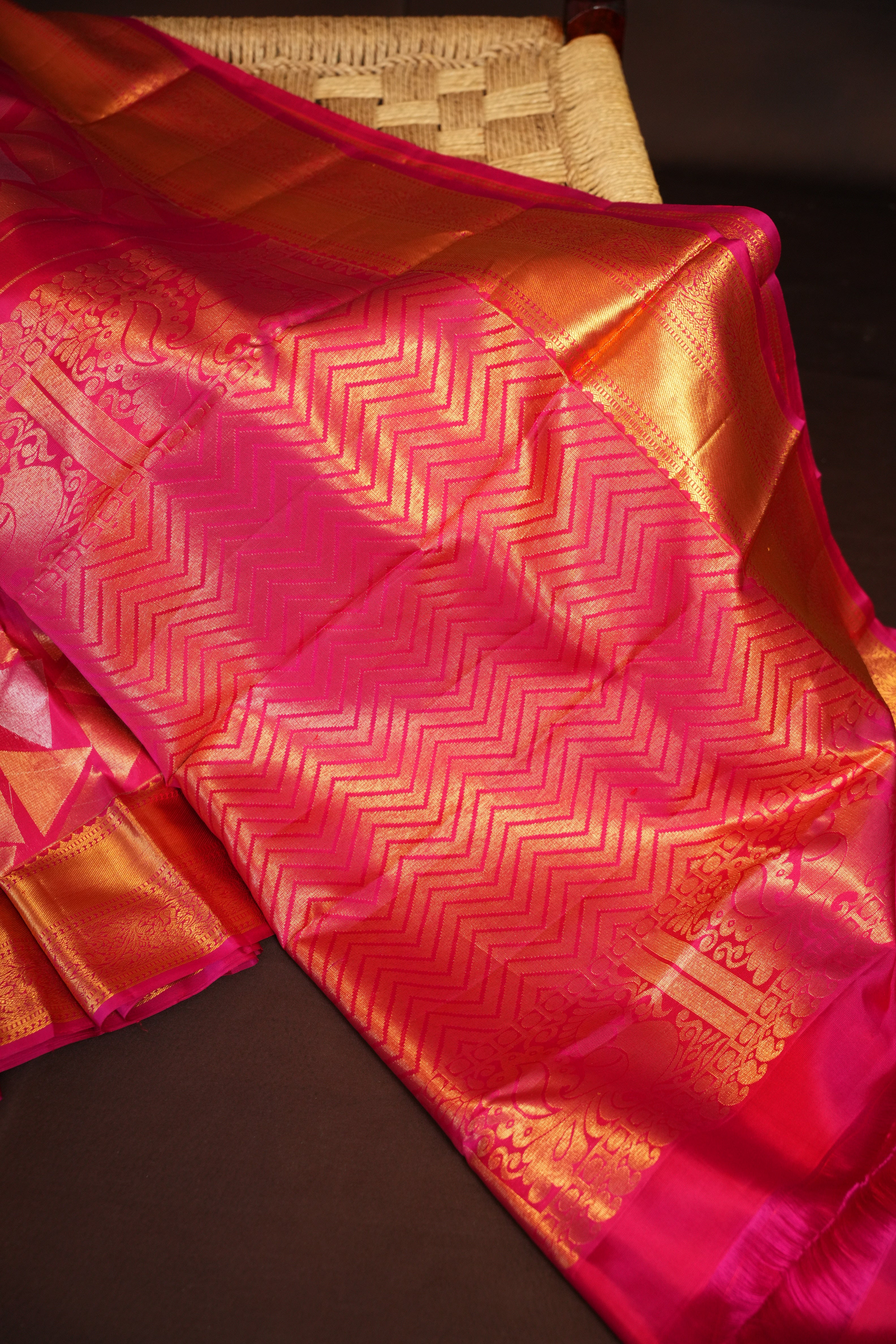 Fusion Kanchi Pattu Saree Bridal Pink Gold Geometric | Ande Silks
