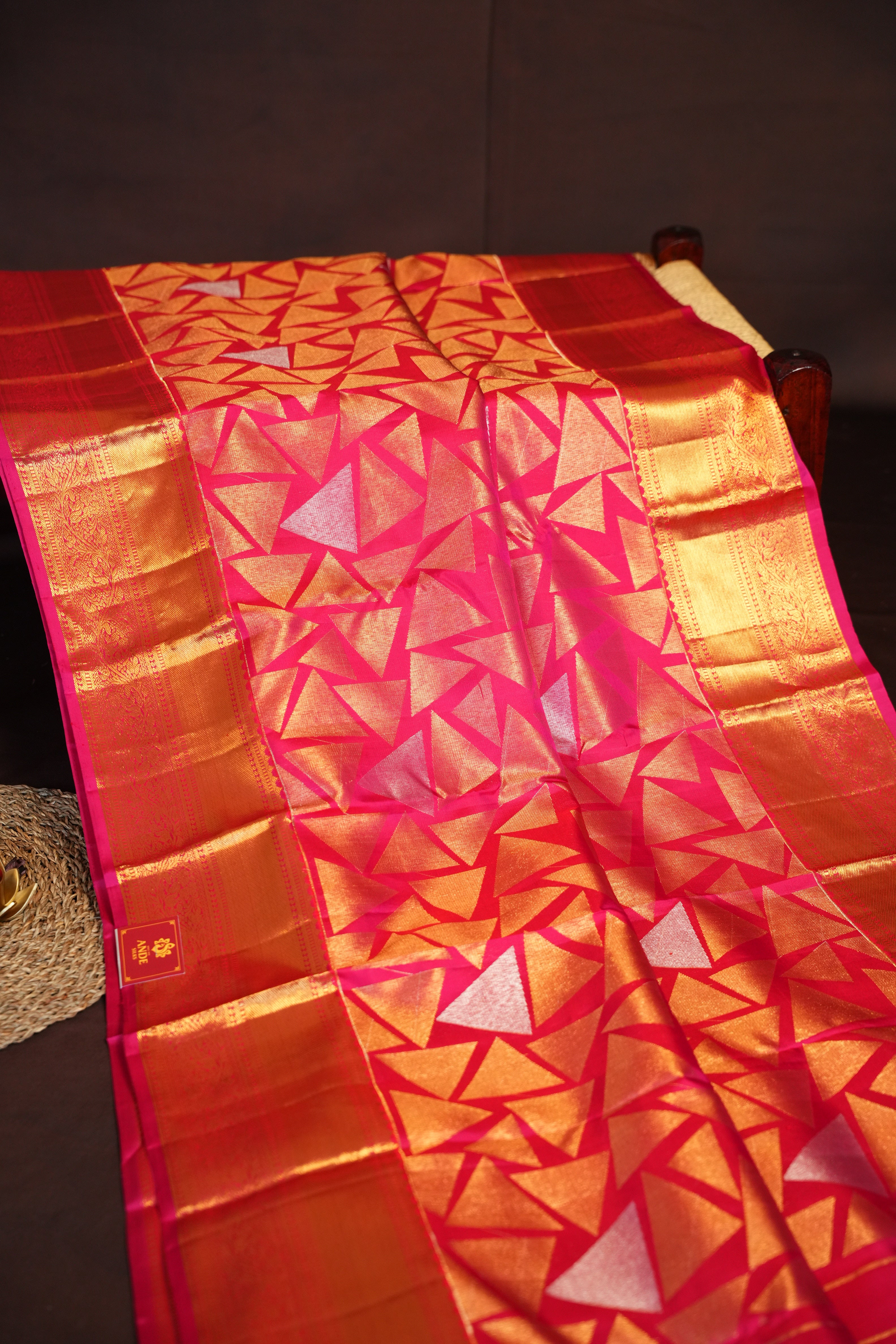 Fusion Kanchi Pattu Saree Bridal Pink Gold Geometric | Ande Silks