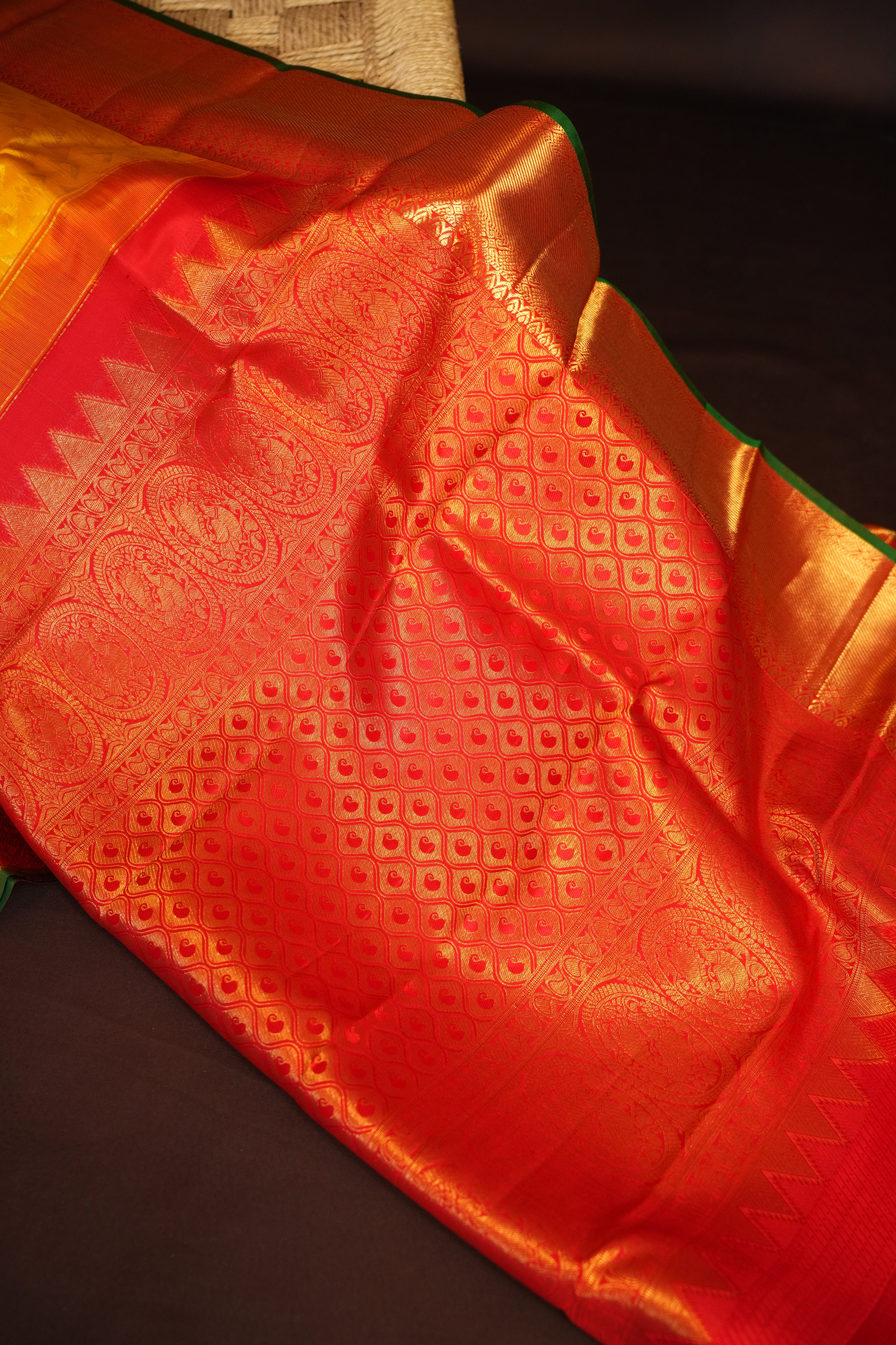 Kanchi Pattu Saree Bridal Collection Yellow Red Zari | Ande Silks