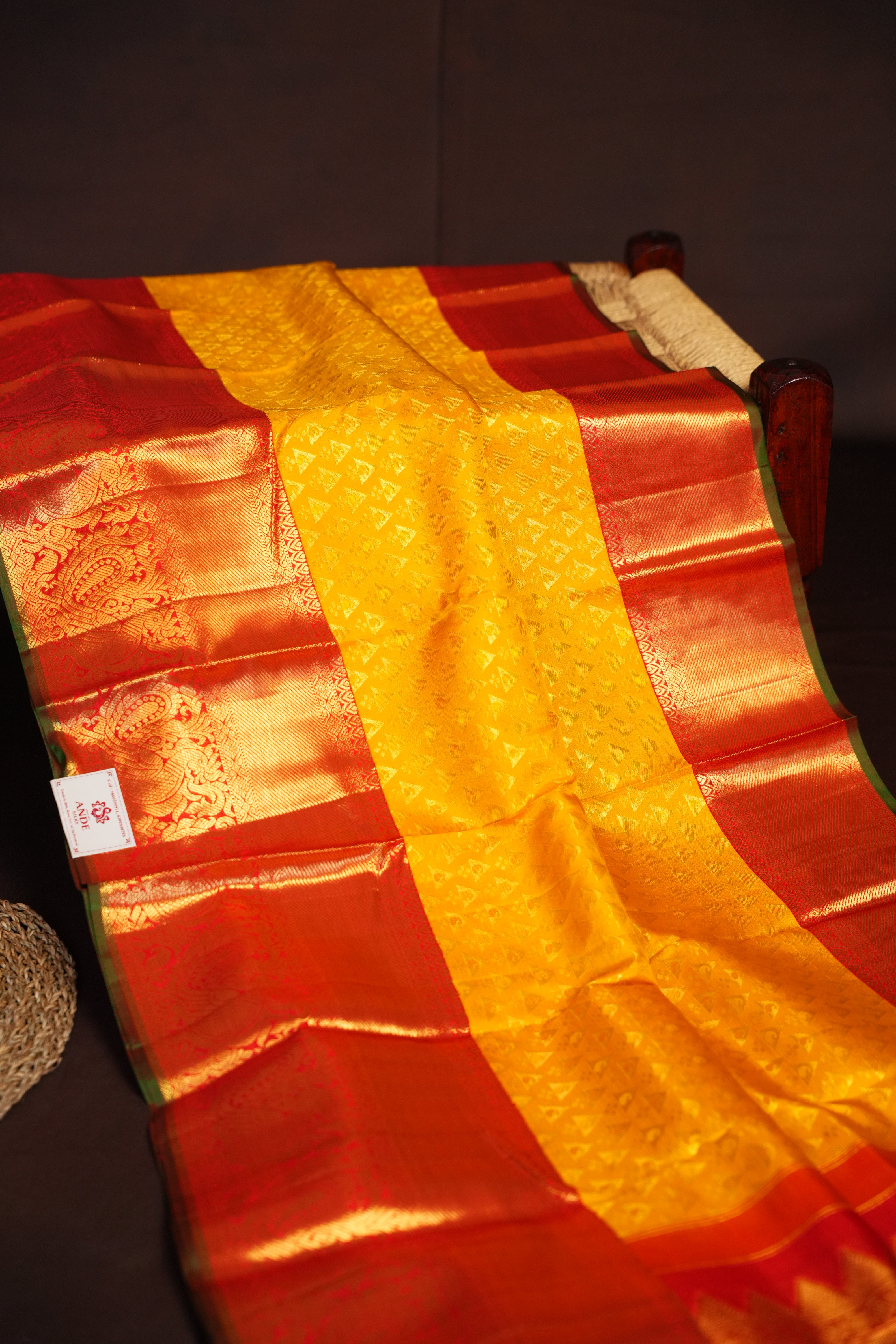 Kanchi Pattu Saree Bridal Collection Yellow Red Zari | Ande Silks