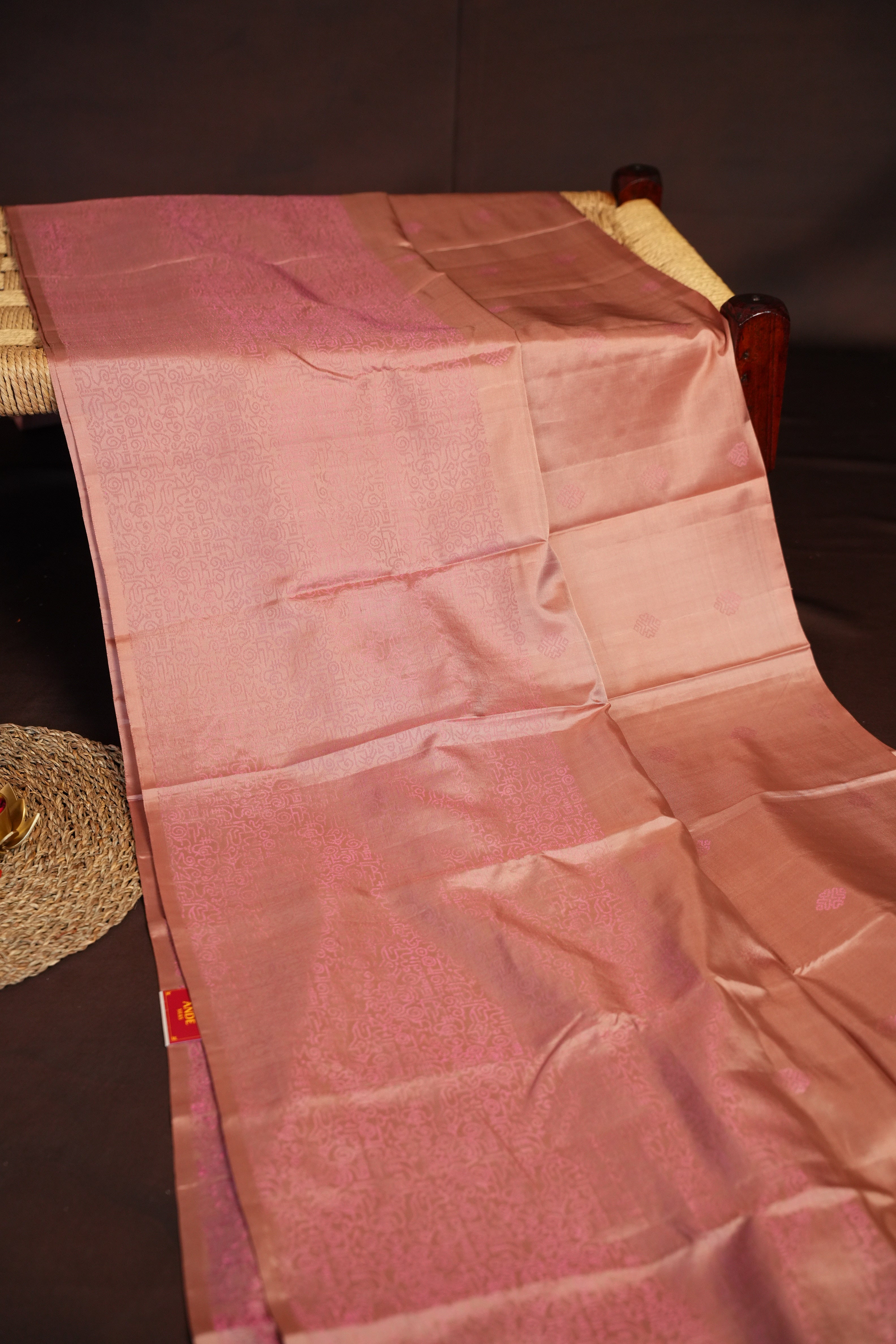 Kanchi Pattu Borderless Saree Fusion Peach Minimal | Ande Silks