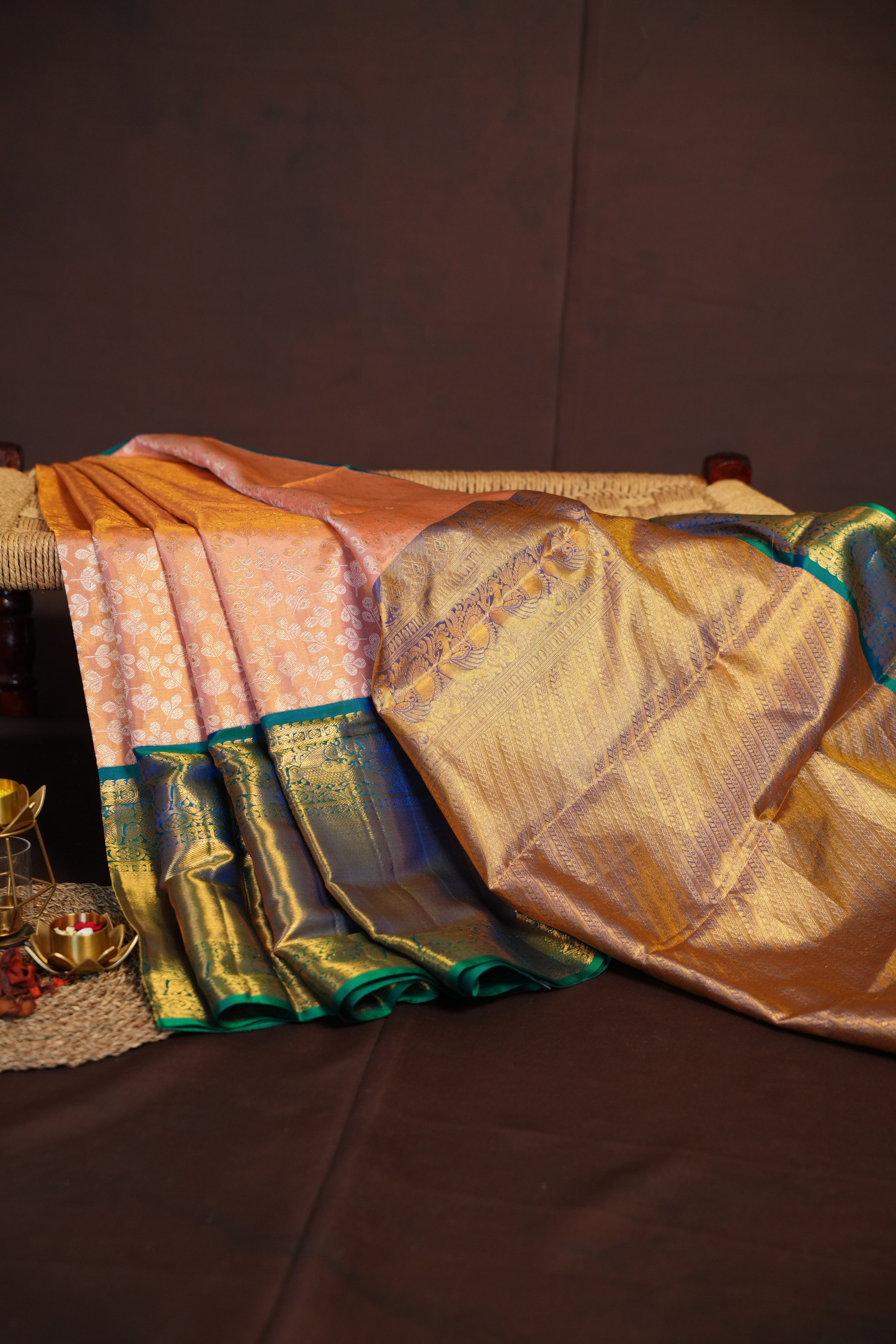 Kanchi Pattu Saree Bridal Collection Peach Green Zari | Ande Silks