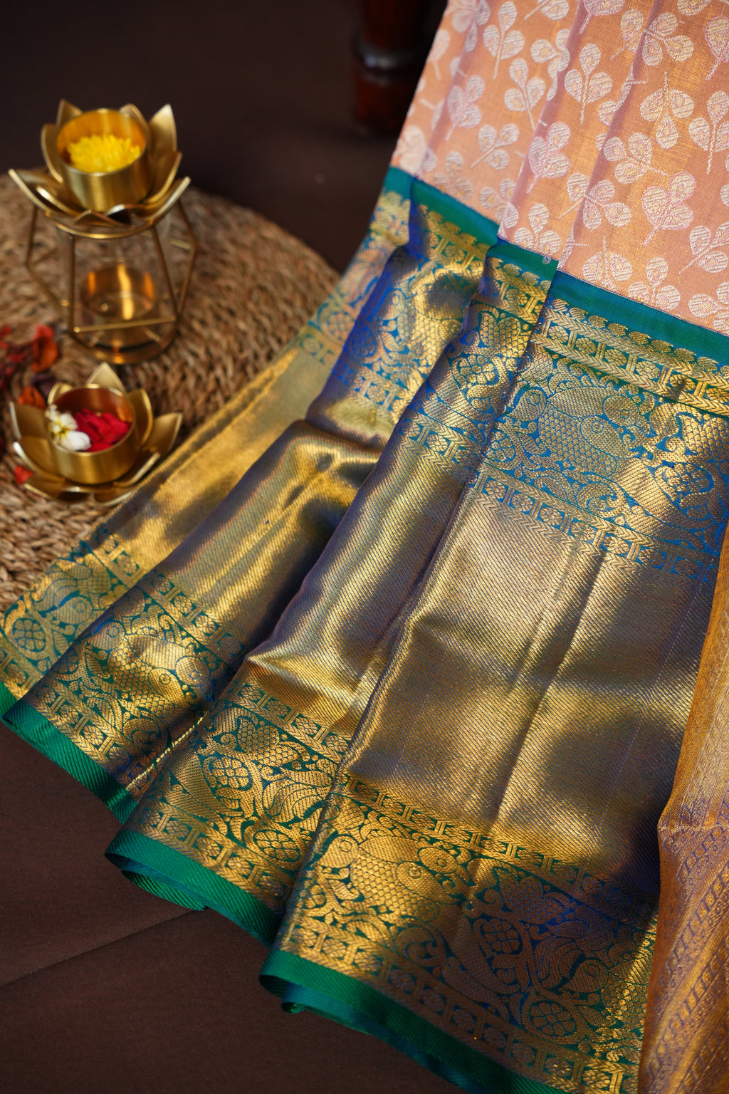 Kanchi Pattu Saree Bridal Collection Peach Green Zari | Ande Silks