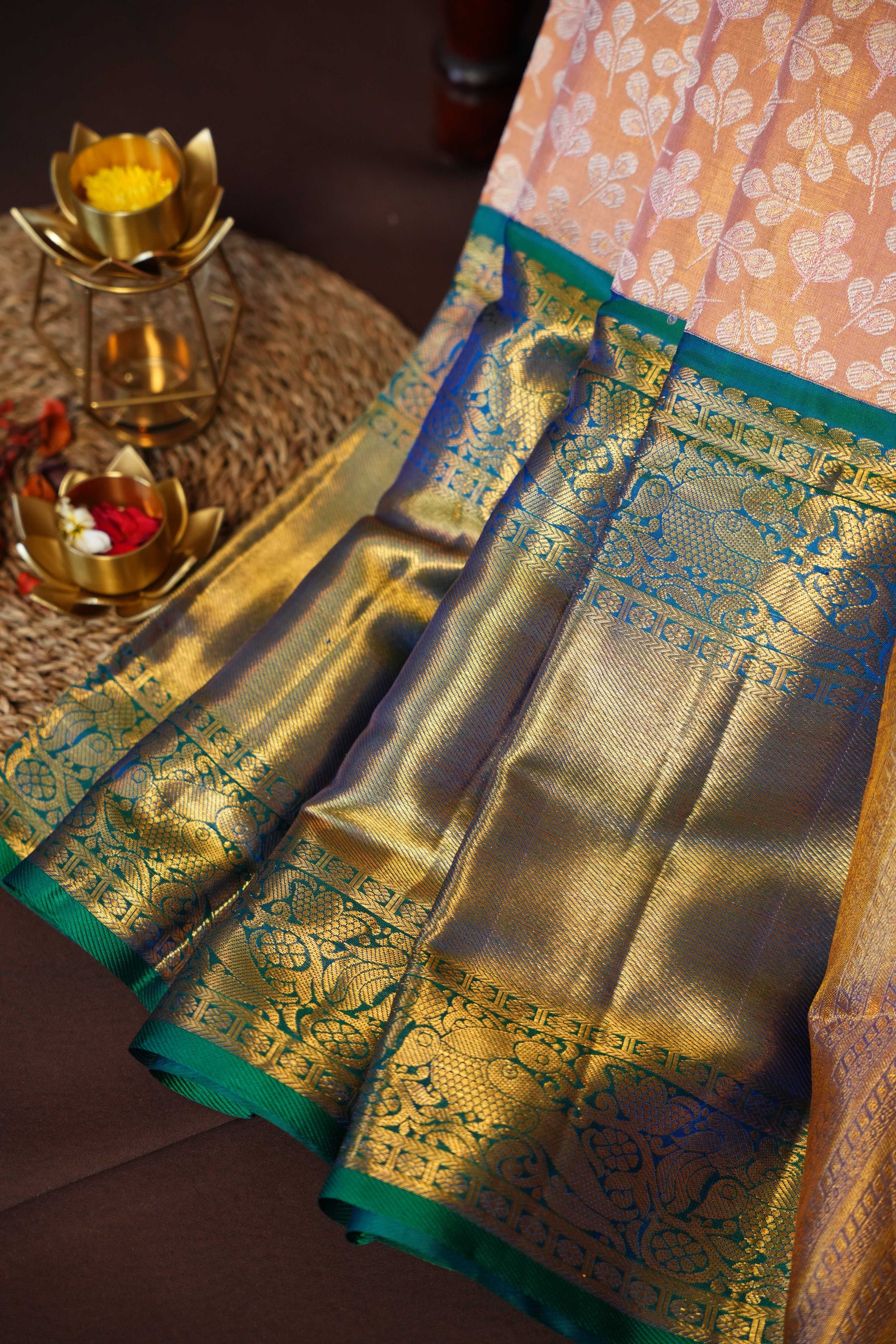 Kanchi Pattu Saree Bridal Collection Peach Green Zari | Ande Silks