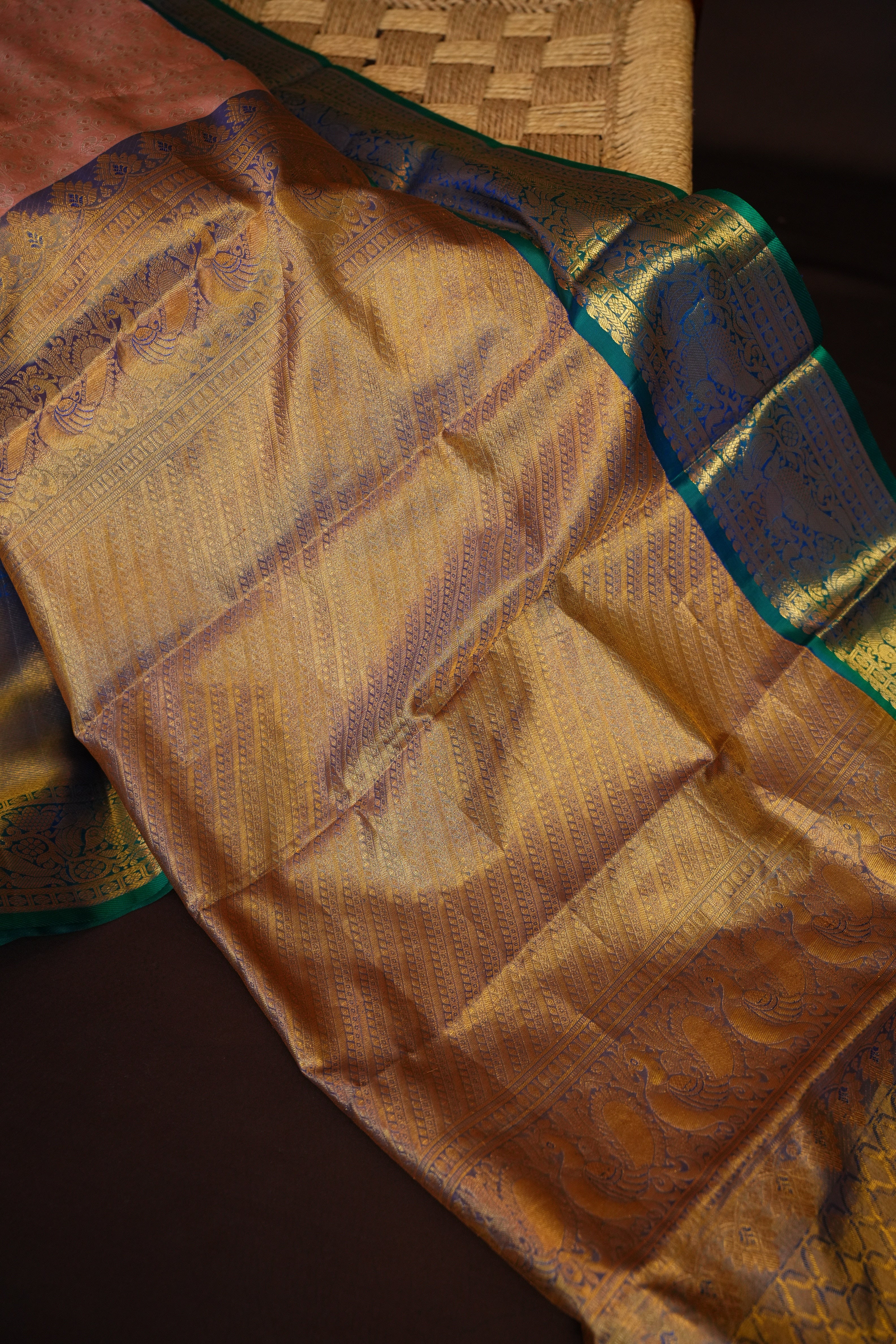 Kanchi Pattu Saree Bridal Collection Peach Green Zari | Ande Silks