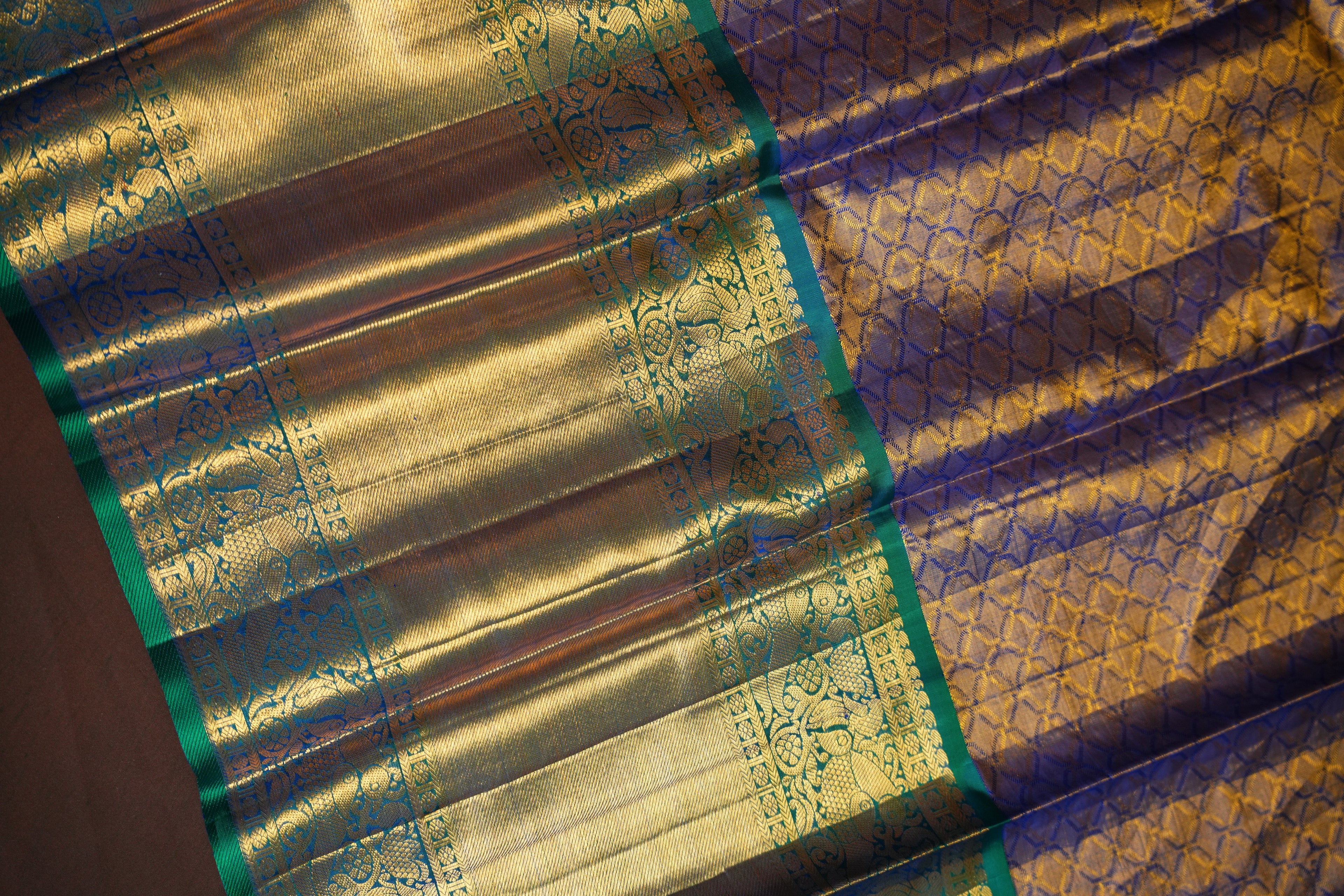 Kanchi Pattu Saree Bridal Collection Peach Green Zari | Ande Silks