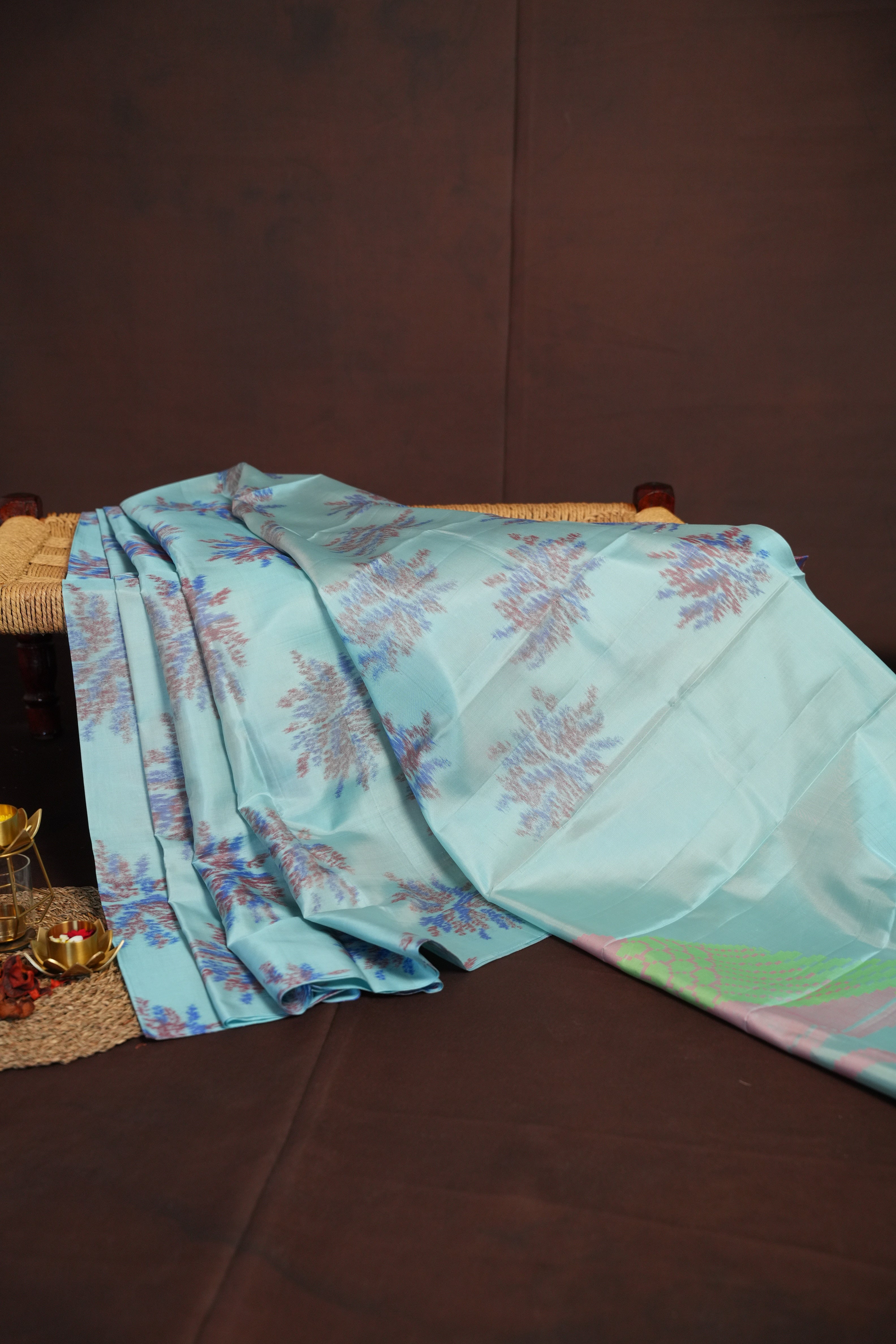 Kanchi Pattu Borderless Saree Fusion Sky Blue Print | Ande Silks