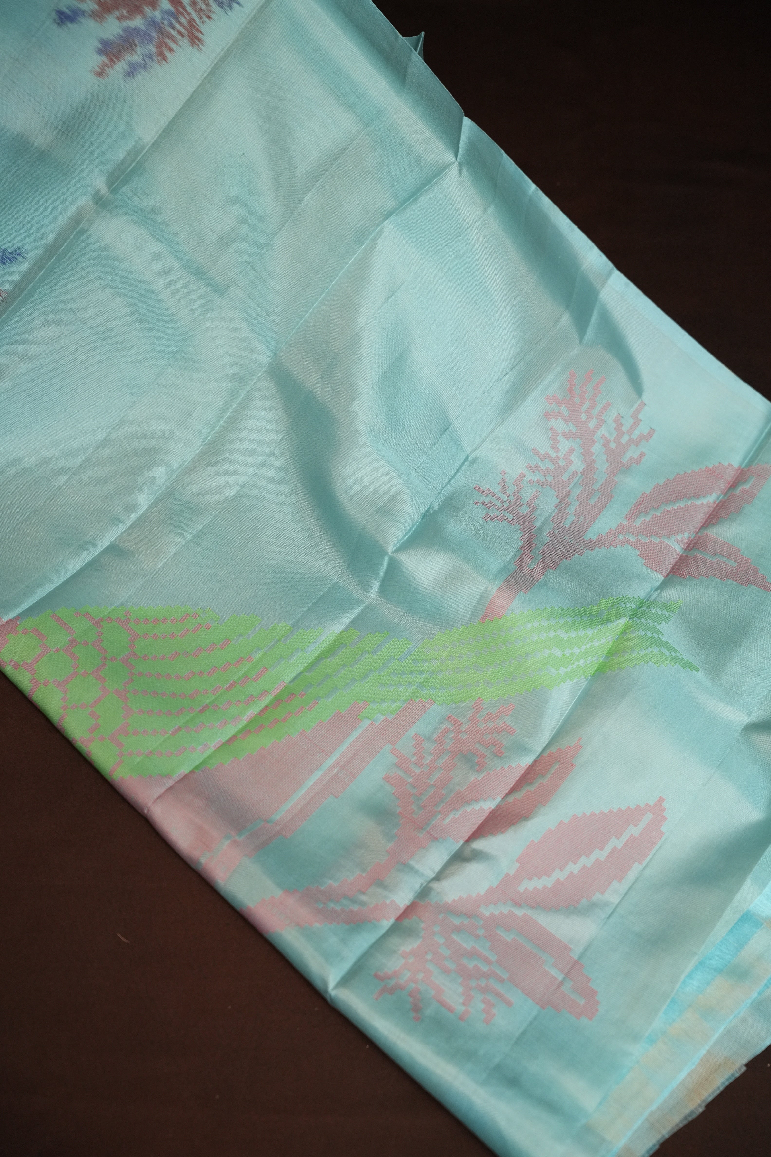 Kanchi Pattu Borderless Saree Fusion Sky Blue Print | Ande Silks