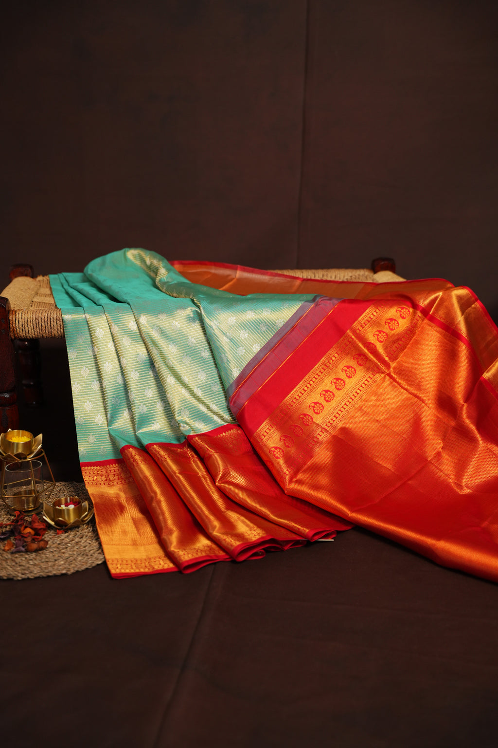 Kanchi Pattu Saree Bridal Collection Teal Red Zari | Ande Silks
