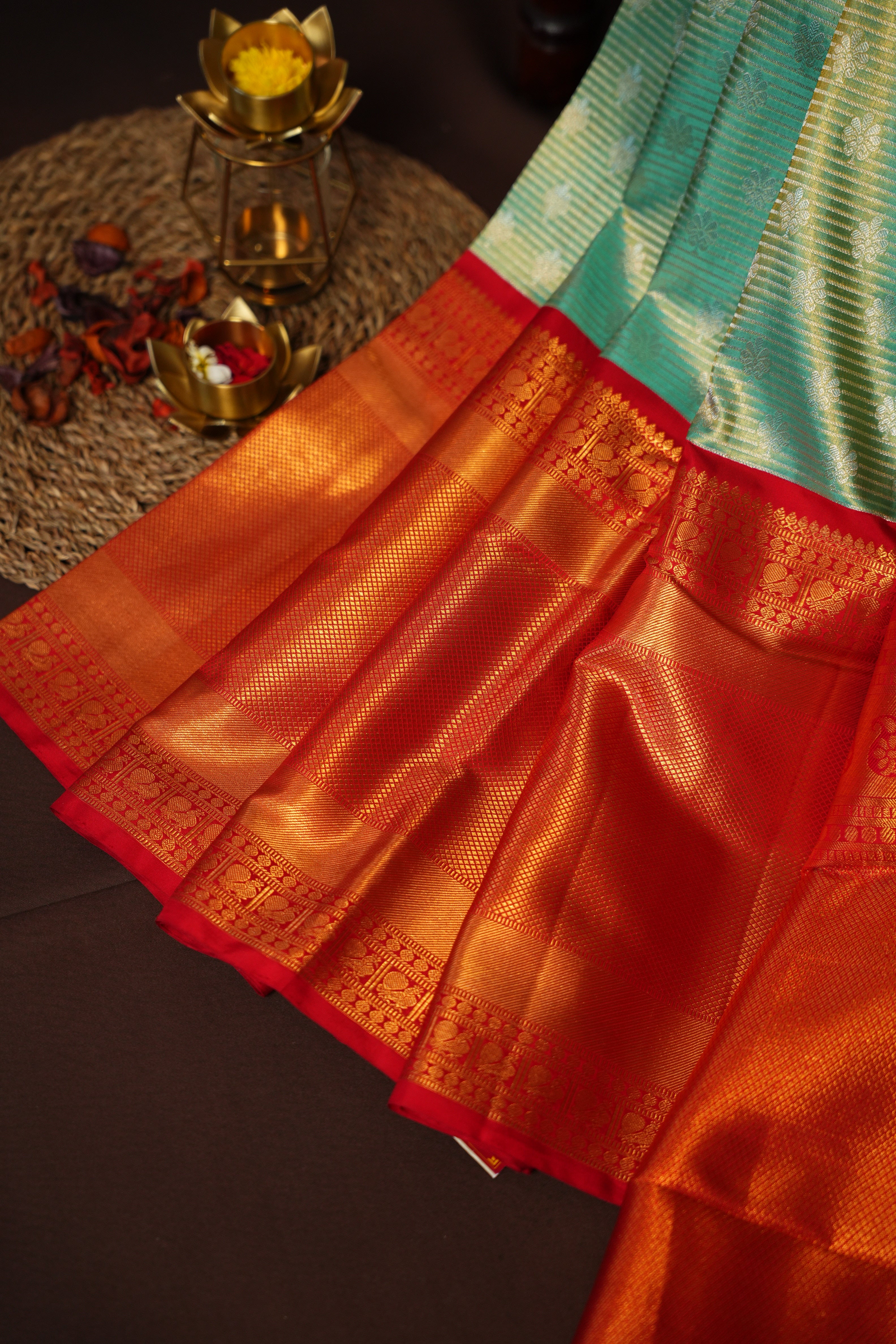 Kanchi Pattu Saree Bridal Collection Teal Red Zari | Ande Silks