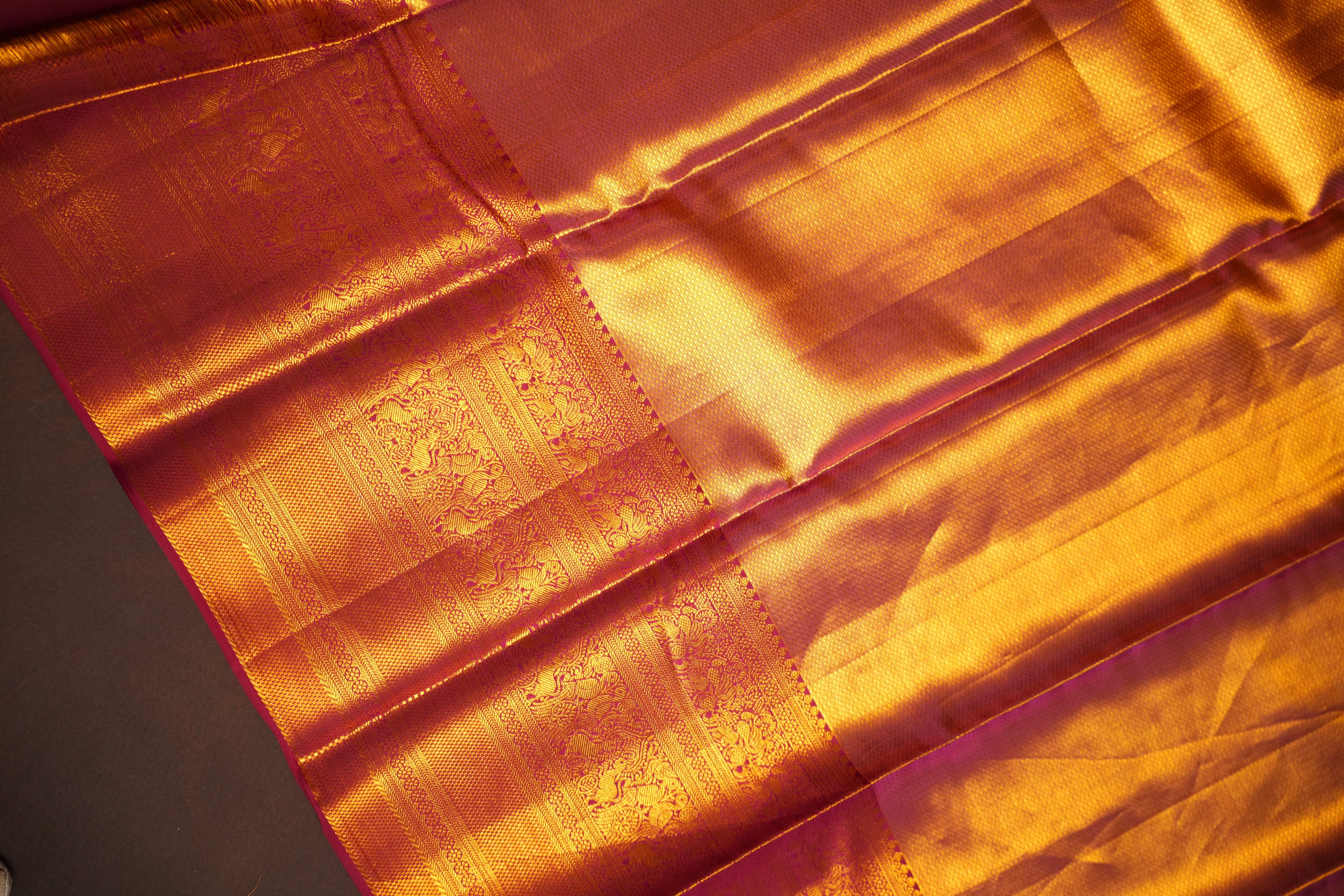 Kanchi Pattu Saree Bridal Collection Peach Pink Zari | Ande Silks