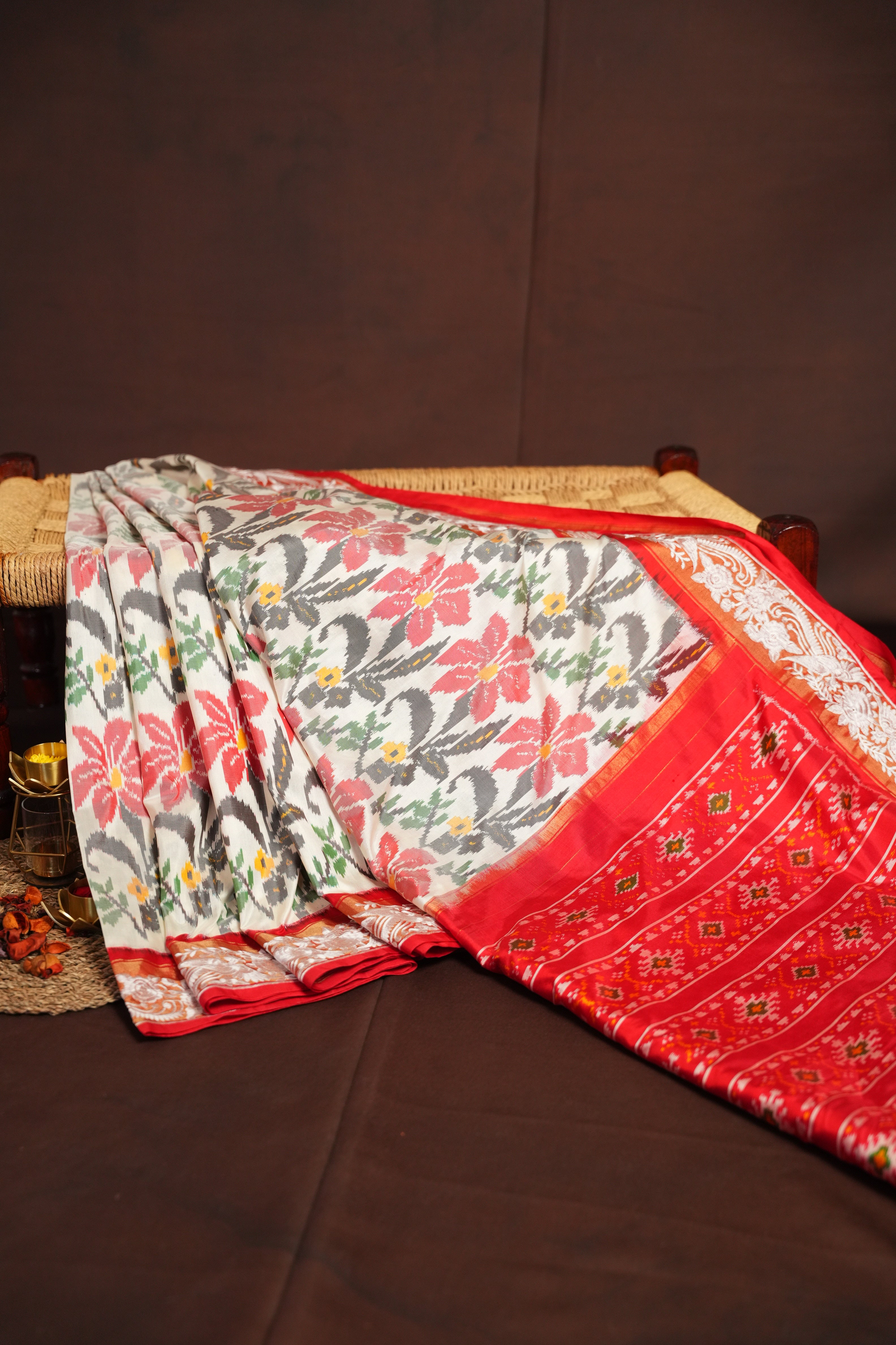 IKKAT Work Designer Saree with Floral Patterns & Contrast Border | Ande Silks