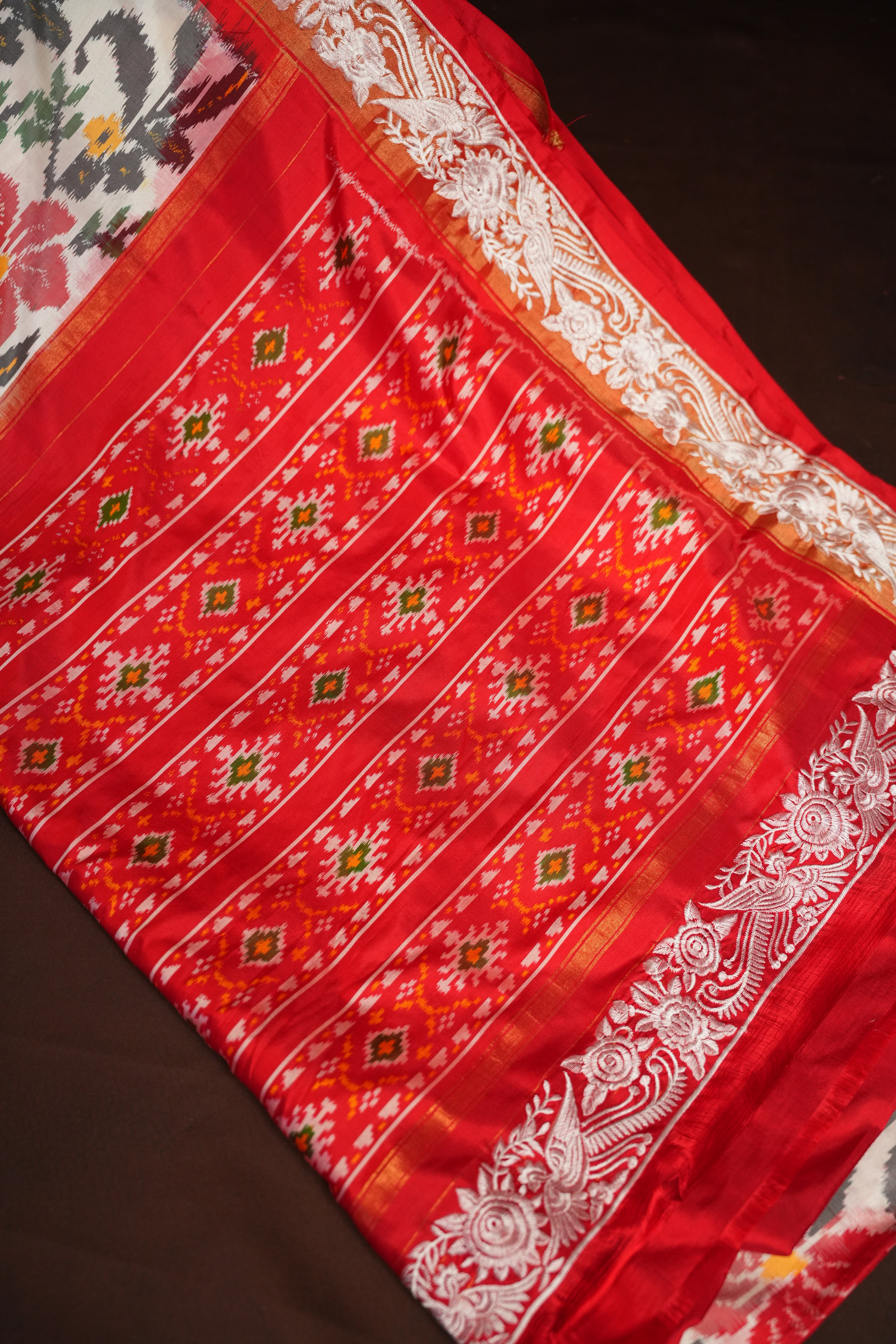 IKKAT Work Designer Saree with Floral Patterns & Contrast Border | Ande Silks
